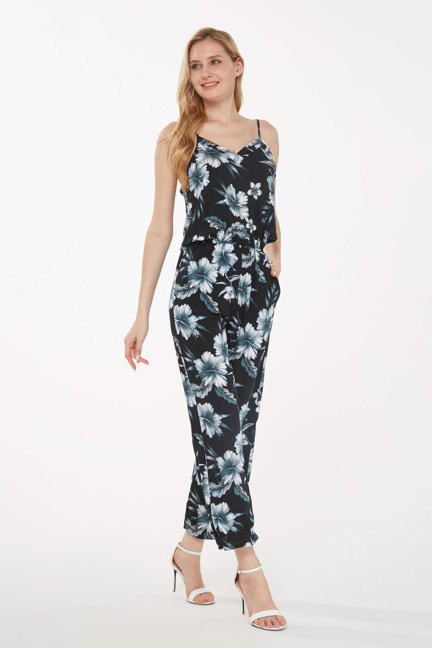 Women's Hawaiian Strap V-Neck Jumpsuit with Pockets - Simply Blue Leaves Print | Beach Cover Up, Summer Vacation Outfit, Tropical Party Dress