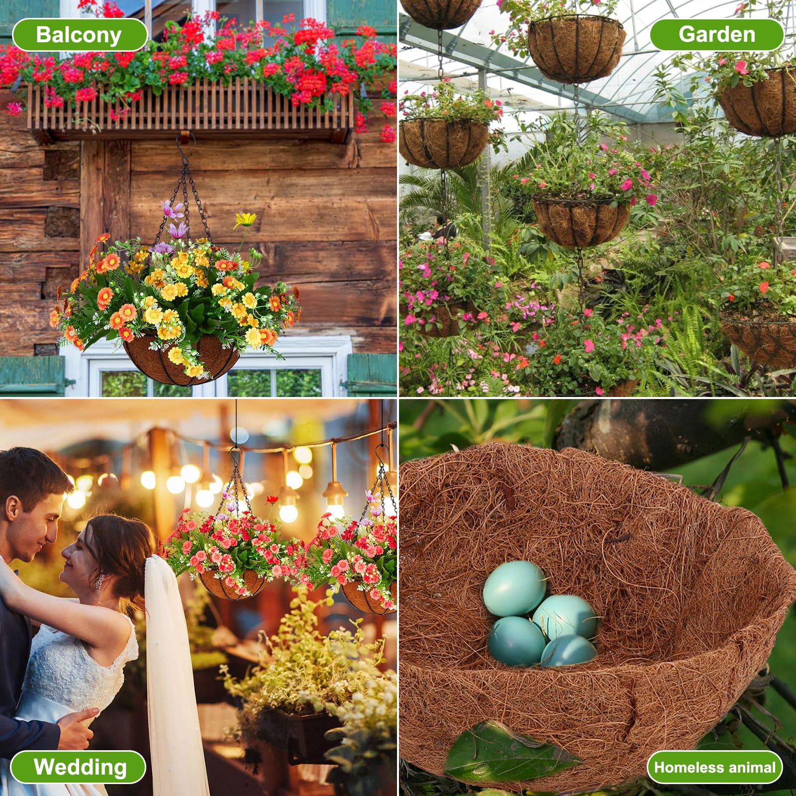 4 Pack 14 Inch Coconut Fiber Planter Liners - Natural Coco Coir Hanging Basket Liners for Wire Baskets, Flower Pots & Plant Containers - Perfect for Indoor/Outdoor Gardening, Vertical Gardens & Balcony Decor