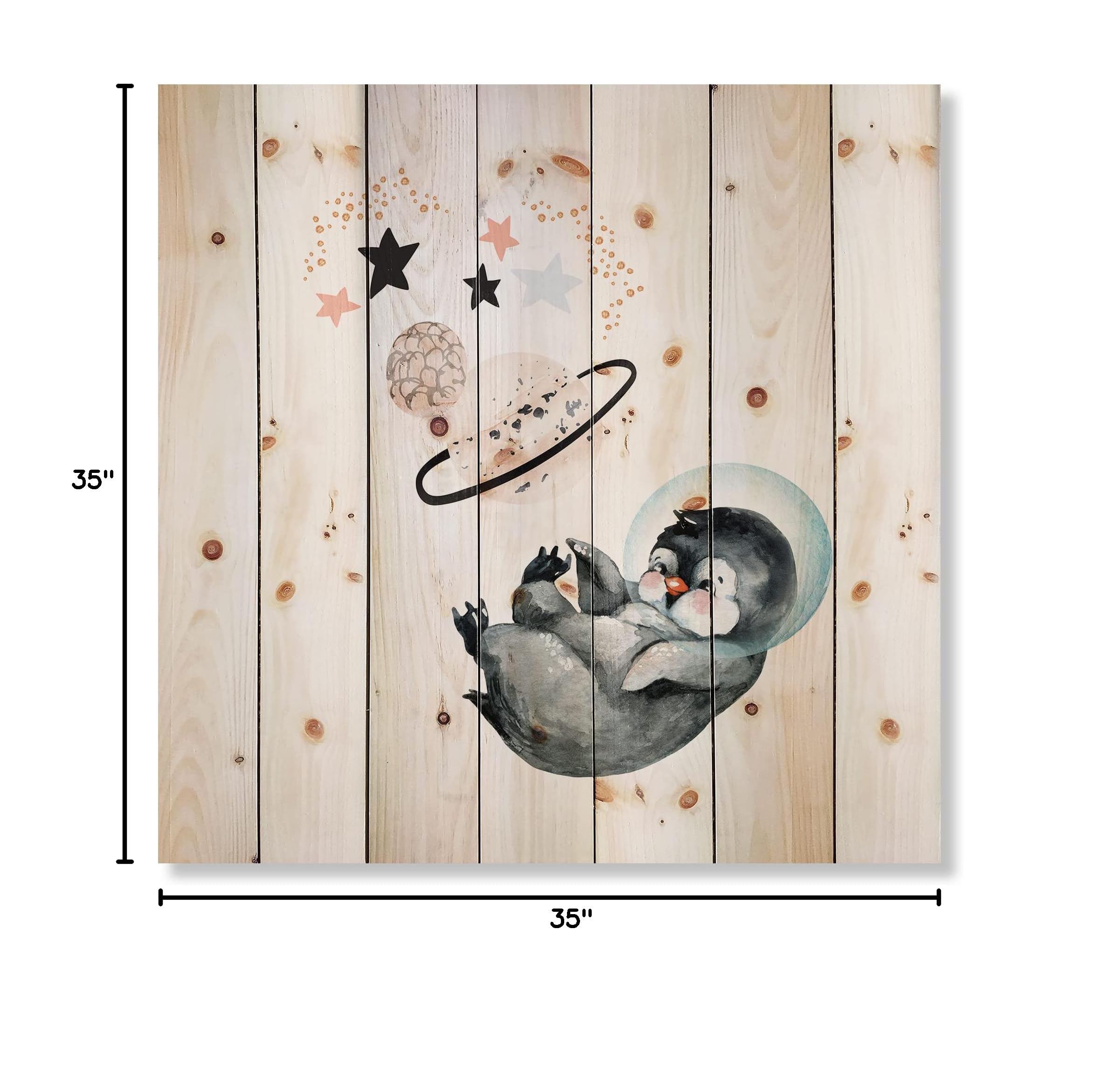 Farmhouse Wood Wall Decor - Little Penguin with Stars & Planets, Grey Wood Wall Art, Large Animal Wood Panels Printed on Natural Pine - Perfect for Nursery, Kids Room & Living Room Decor