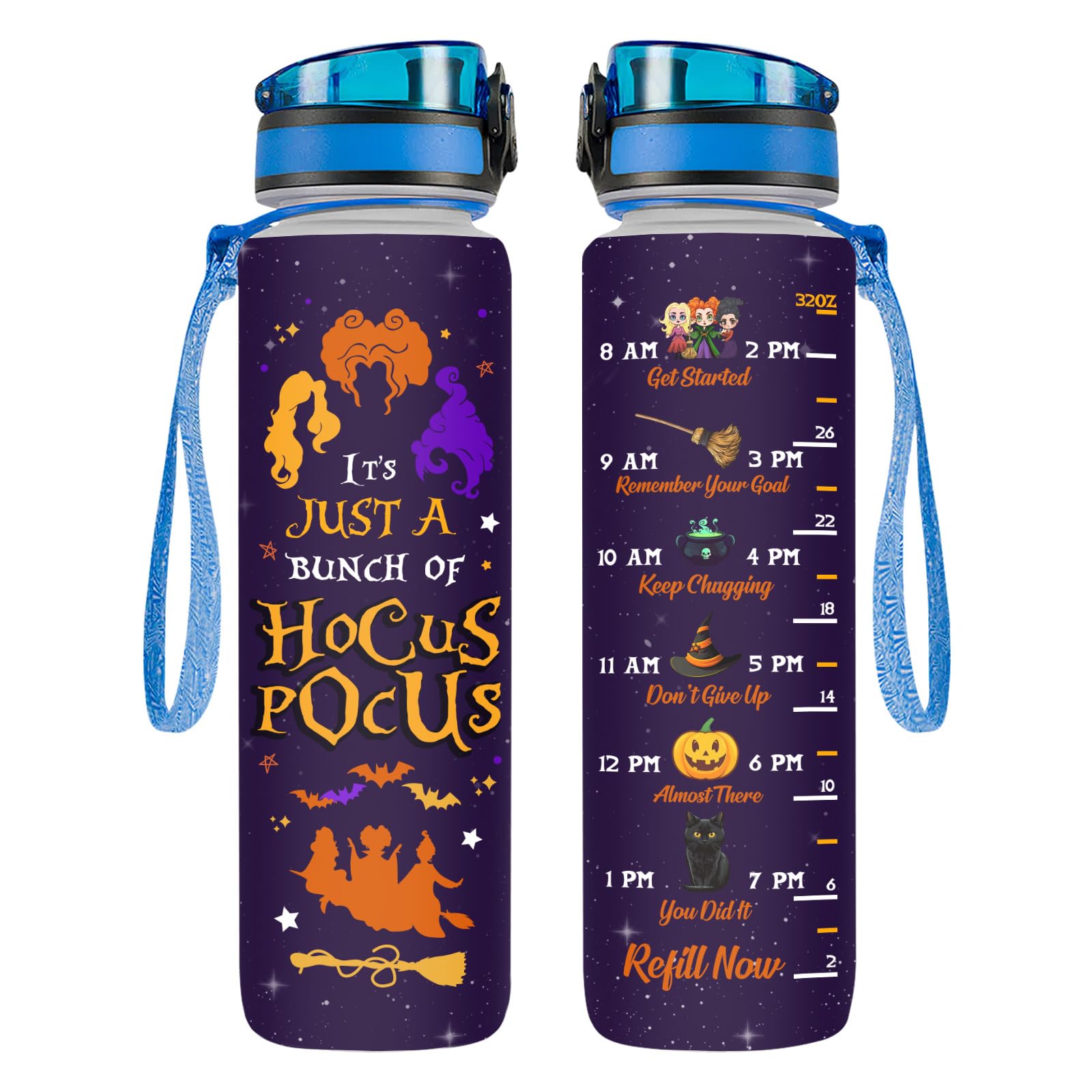 Hocus 32 Oz Insulated Water Bottle with Time Marker - Motivational Movie Character Design - Perfect for Gym, Hiking & Work - Great Gift for Movie Lovers