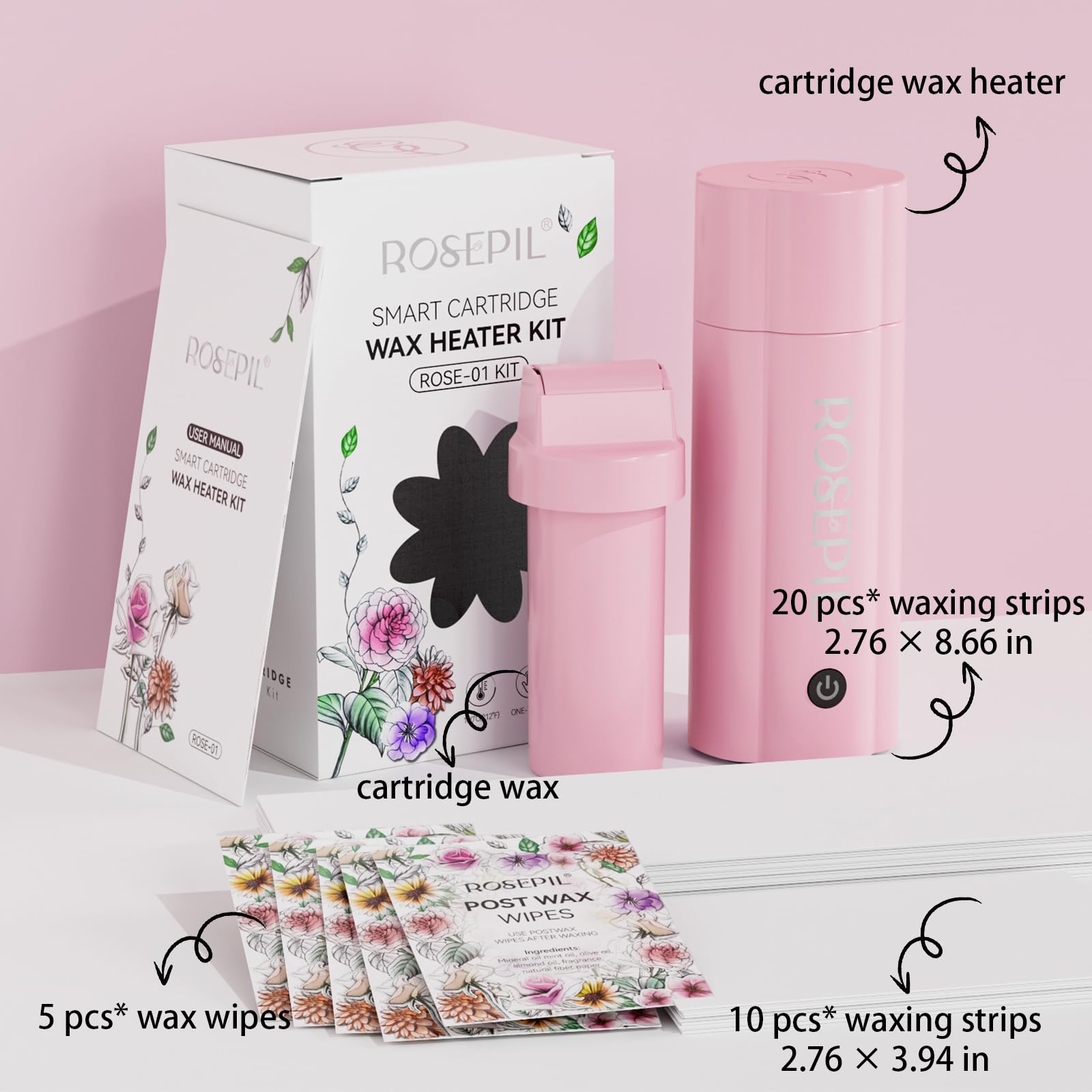 Rosepil Roll-On Floral Hair Removal Wax Heater Kit - Pink Wax Warmer with Non-Woven Strips & Wipes for Smooth Skin | At-Home Salon Waxing for Legs, Arms, Bikini & Face