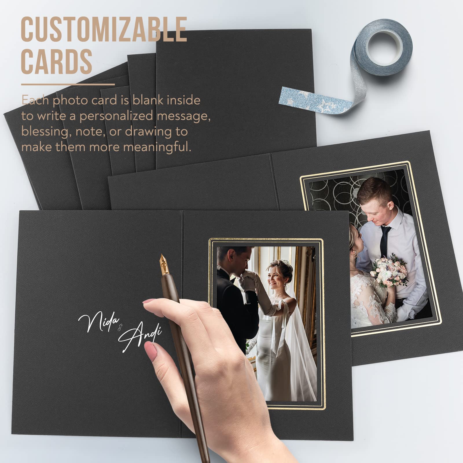 Golden State Art 4x6 Photo Folders - Pack of 10 Cardboard Picture Frames with Gold Lining for Greeting Cards & Invitations | Perfect for Graduation, Christmas, Wedding & Special Events (Black with Gold Trim) | Display Memories, Party Decor, Gift Enclosures