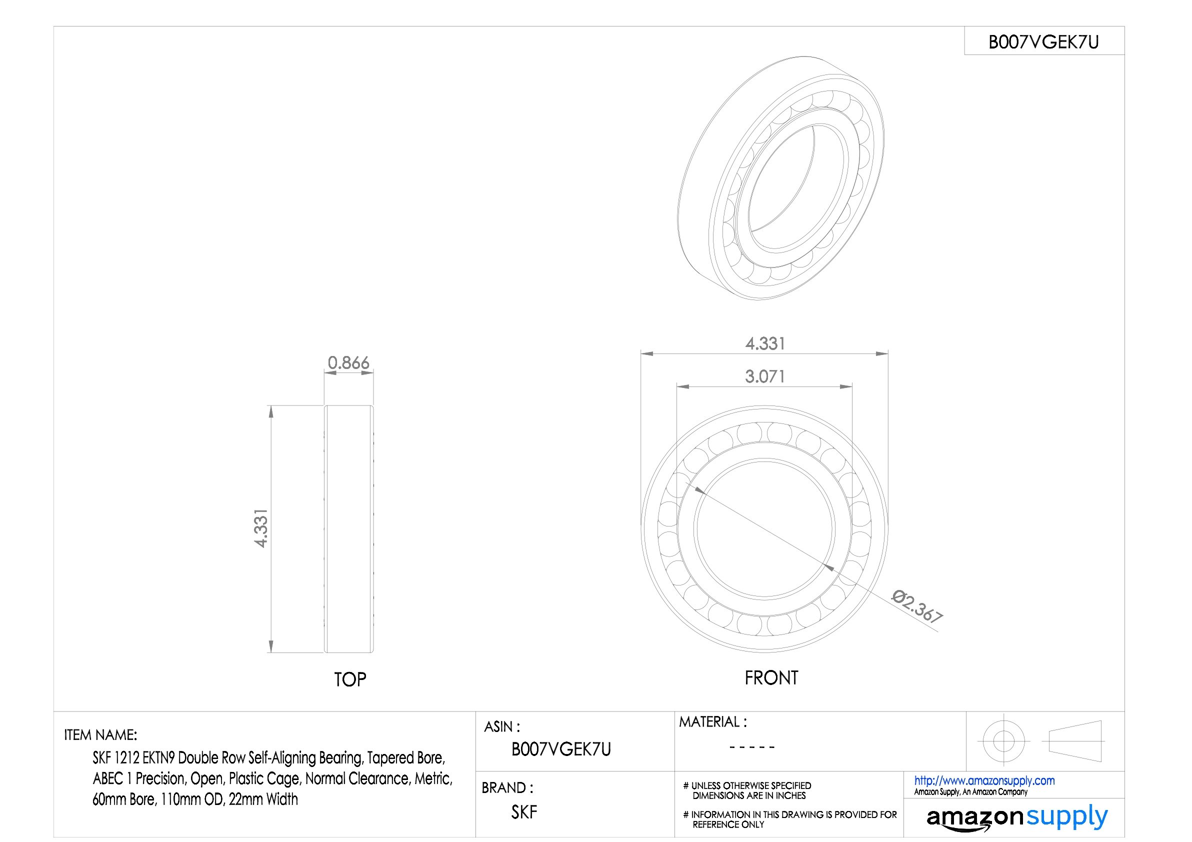 SKF 1213 EKTN9 Double Row Self-Aligning Ball Bearing - Tapered Bore, ABEC 1 Precision, Open Design with Plastic Cage, Normal Clearance, Metric Size (65mm Bore x 120mm OD x 23mm Width) - Ideal for Industrial Machinery, Conveyors, and Heavy-Duty Equipment Applications