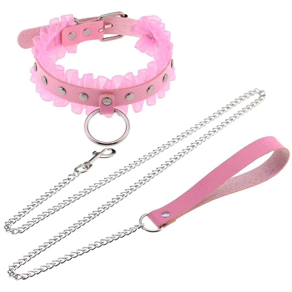 FM FM42 Multicolor PU Leather Choker Necklace with Silver-Tone Rivets, O-Ring & Detachable Chain Leash - Gothic Punk Fashion Accessory for Women, Perfect for Concerts, Parties and Costume Events