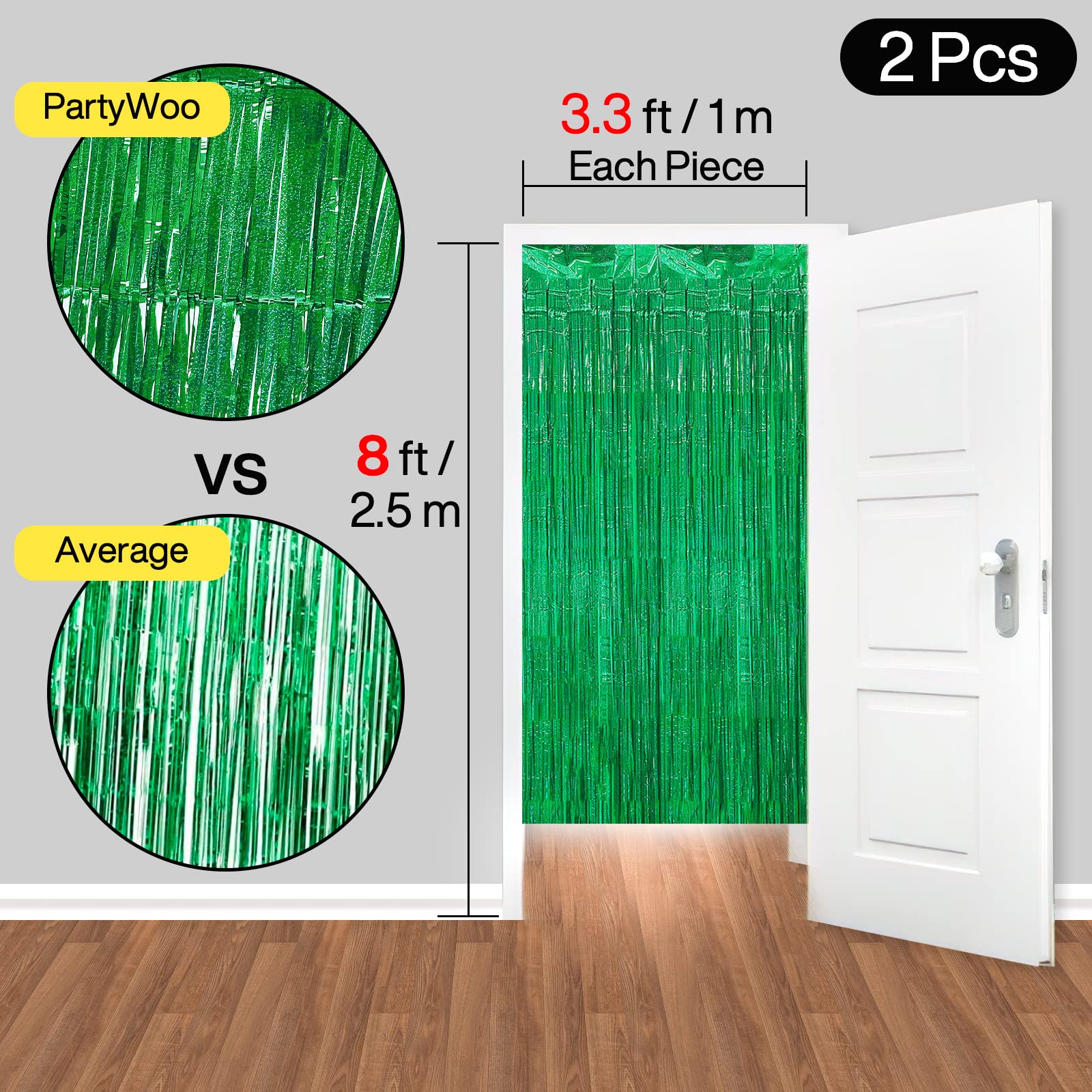 PartyWoo Green Foil Fringe Curtain Backdrop - 2 Pack Metallic Tinsel Streamers for Photo Booth | Mardi Gras, Graduation, Jungle Theme, Birthday & Christmas Party Decorations | Perfect for Festive Events, Home Decor & Social Media Backdrops