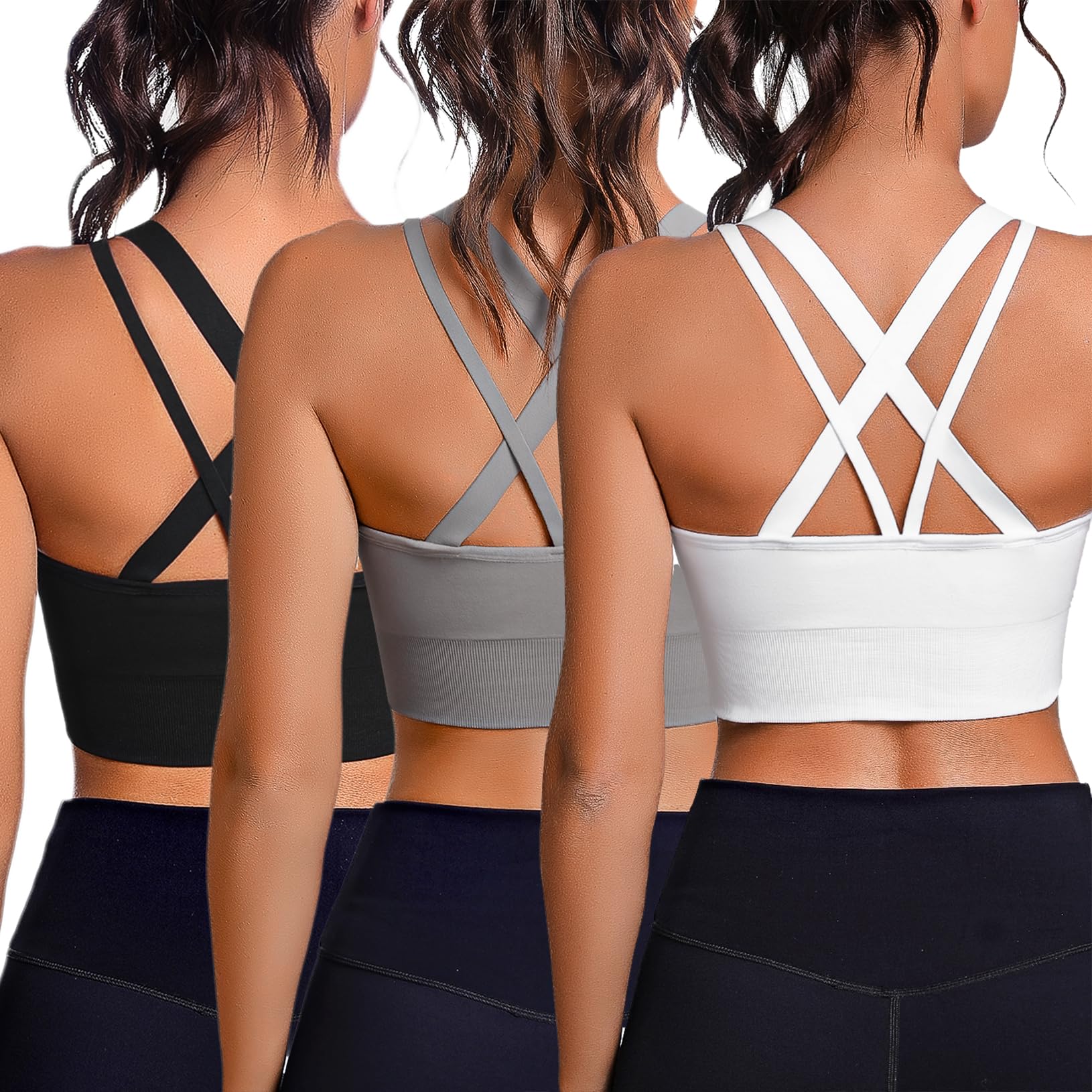 Sykooria Women's 3 Pack High Support Sports Bras - Cross Back Strappy Yoga Bra with Removable Pads for Running, Gym & Workout | Comfortable Fitness Wear for Active Lifestyles