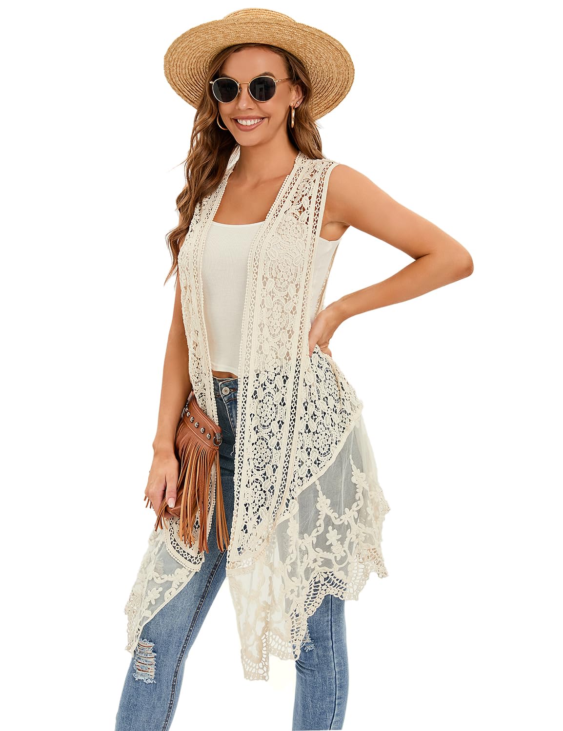 Lightweight Sheer Crochet Cardigan - Sleeveless Mesh Cover Up Vest for Women | Boho Hippie Beachwear, Summer Festival Outfit, Layering Styling