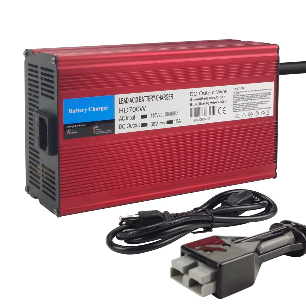 36V 15A Battery Charger with SB50 Connector for EZGO TXT Marathon Golf Carts (1983-1994) | Red Aluminum Shell | Fast Charging for Golf Cart, Electric Vehicle & Marine Batteries