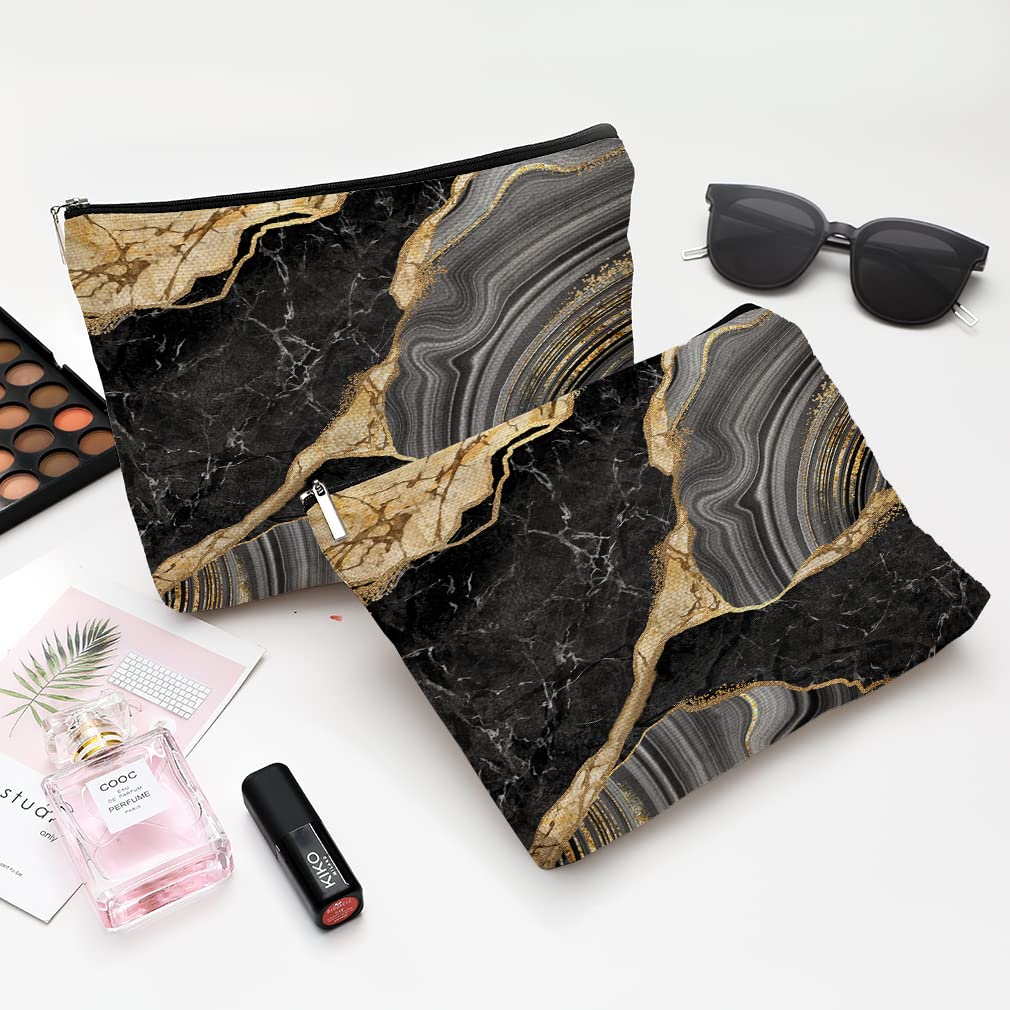 Waterproof Canvas Makeup Bag for Women - Cute Funny Cosmetic Travel Pouch with Zipper, Black Marble Design | Perfect for Purse, Toiletry & Travel Essentials