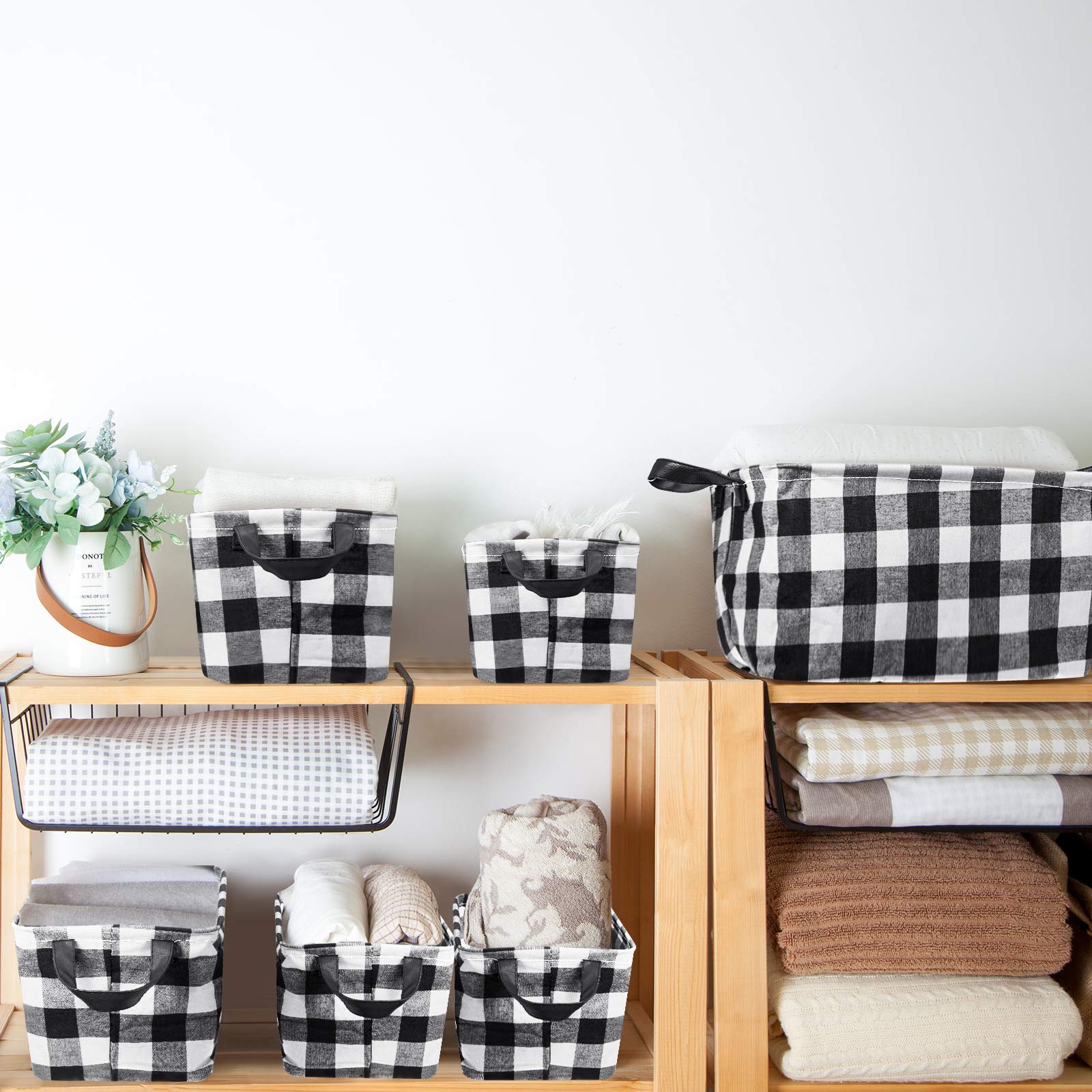 6-Piece Buffalo Plaid Storage Baskets Set - Collapsible Square Organizer with Handles for Home, Office & Nursery Organization (Black/White Checkered Pattern) - Perfect for Toy Storage, Blanket Baskets & Closet Organization