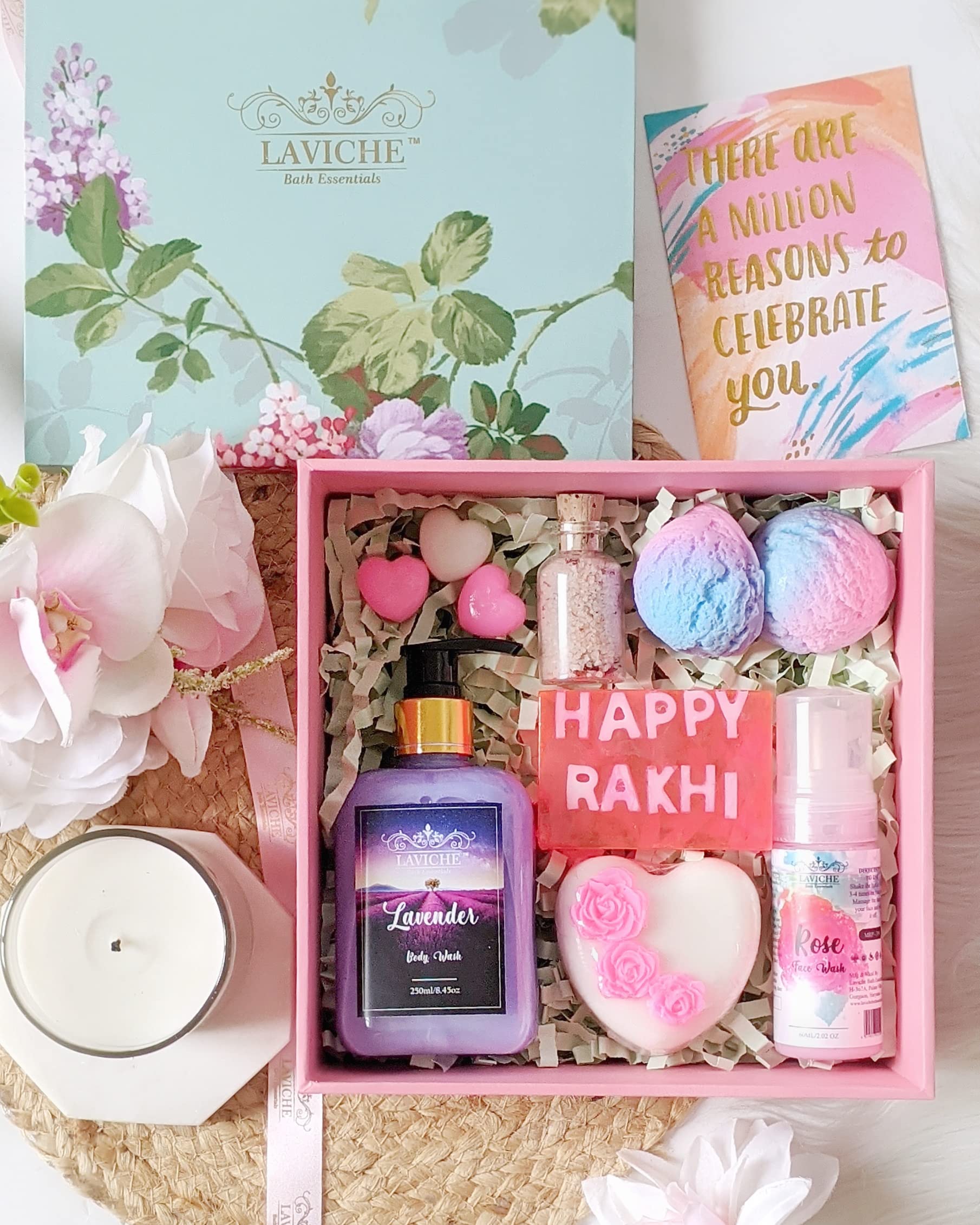 Lavender Bath Gift Set - Lavender Body Wash, Rose Face Wash, Bath Salts & Handmade Soaps in Wooden Box | Spa & Self-Care Essentials for Women, Birthday & Holiday Gifts