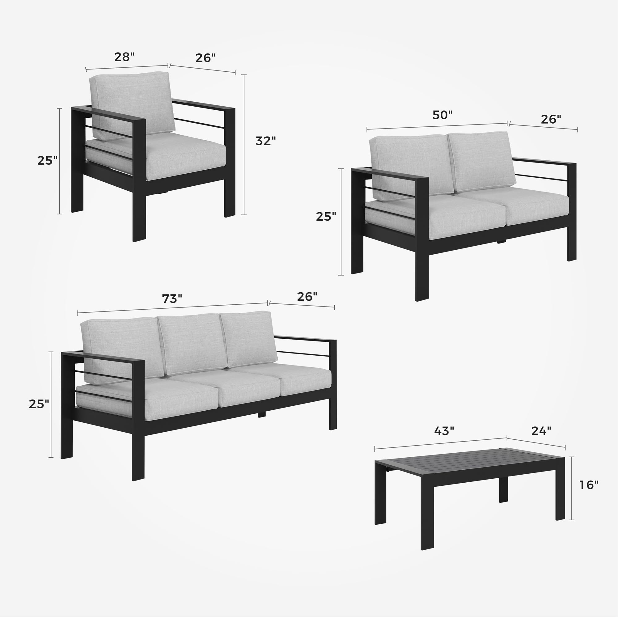 Premium 7-Piece Aluminum Patio Furniture Set - Modern Outdoor Sectional Sofa with Upgraded Cushions & Coffee Table (Black Frame/Grey Cushion) - Perfect for Backyard, Poolside & Garden Relaxation