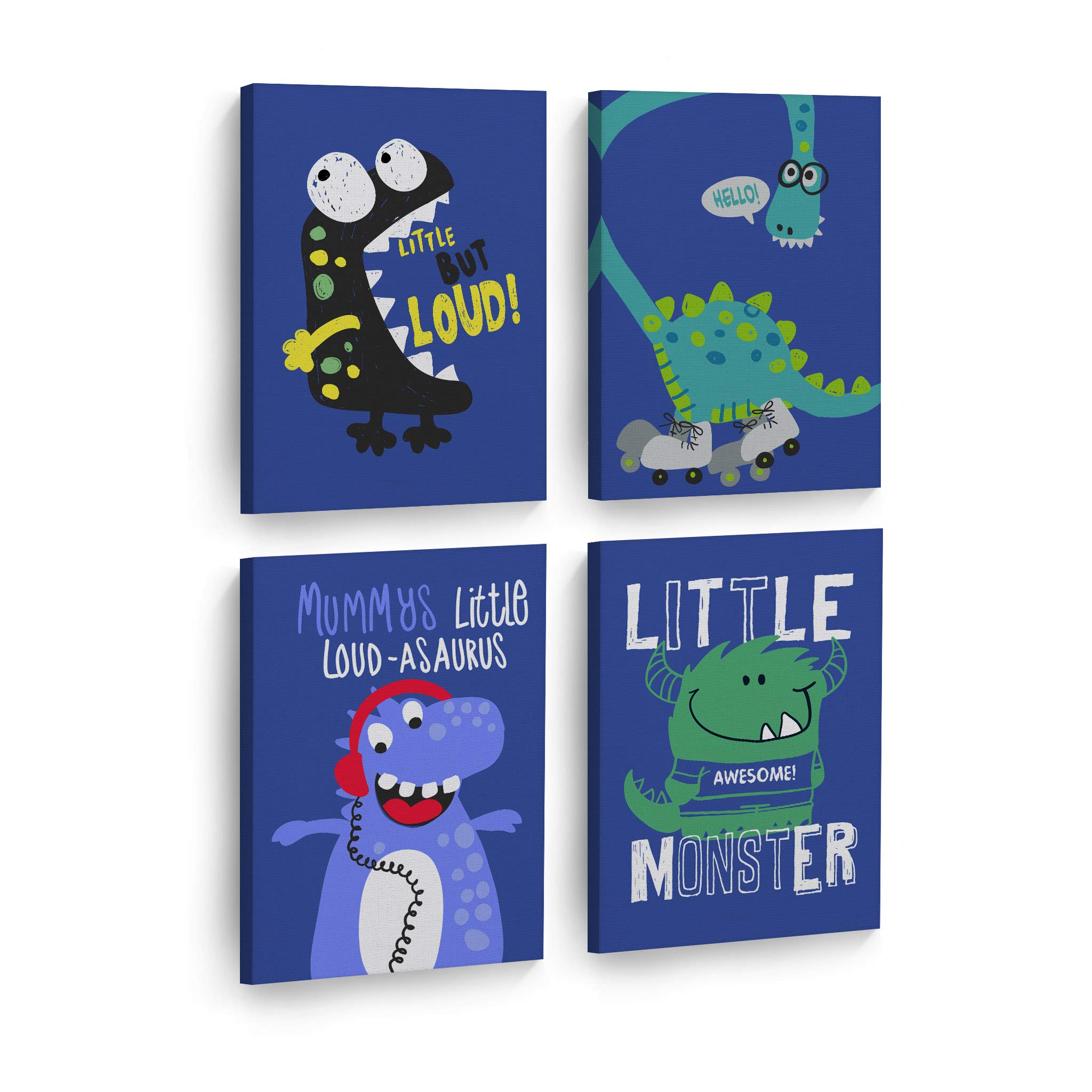 Cute Little Monster 4-Panel Canvas Wall Art Set - Smile Art Design Kids Room Decor, Nursery Wall Art, Ready to Hang (28x19 Inches x4) - Perfect for Baby Rooms, Playrooms & Children's Bedrooms
