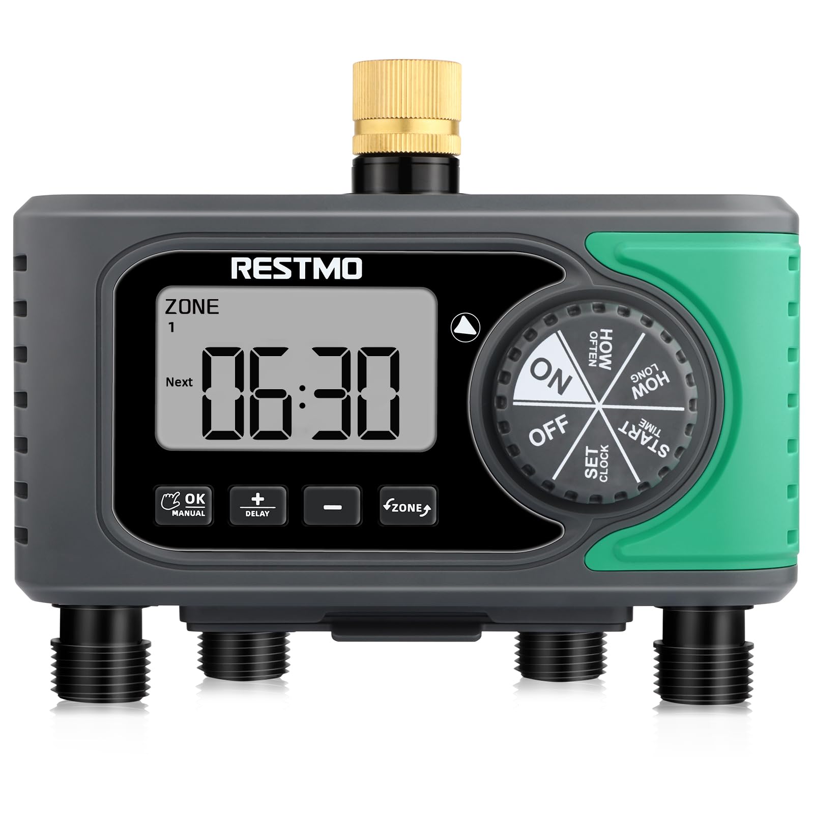 RESTMO 4-Outlet Sprinkler Timer with Brass Inlet - 4 Zone Programmable Water Timer for Garden Hose | Automatic Digital Control, Manual ON/Off & Rain Delay | Perfect for Outdoor Faucet, Drip Irrigation, Lawn & Garden Watering System