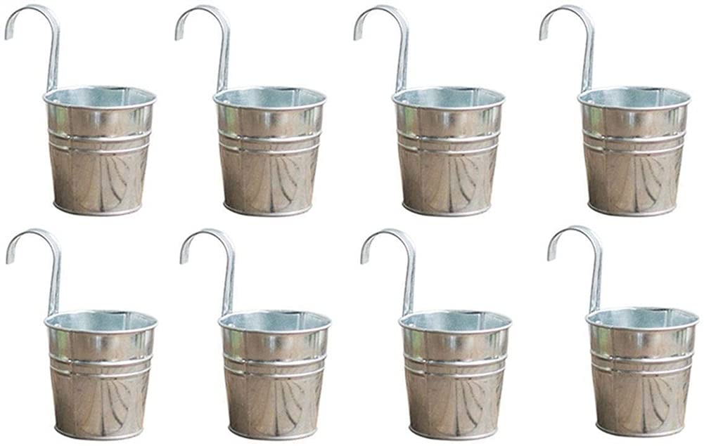 8-Piece Iron Bucket Planter Set with Hooks - Rustproof Hanging Flower Pots for Balcony, Fence & Outdoor Decor | Vintage Style Garden Planters for Flowers, Herbs & Succulents