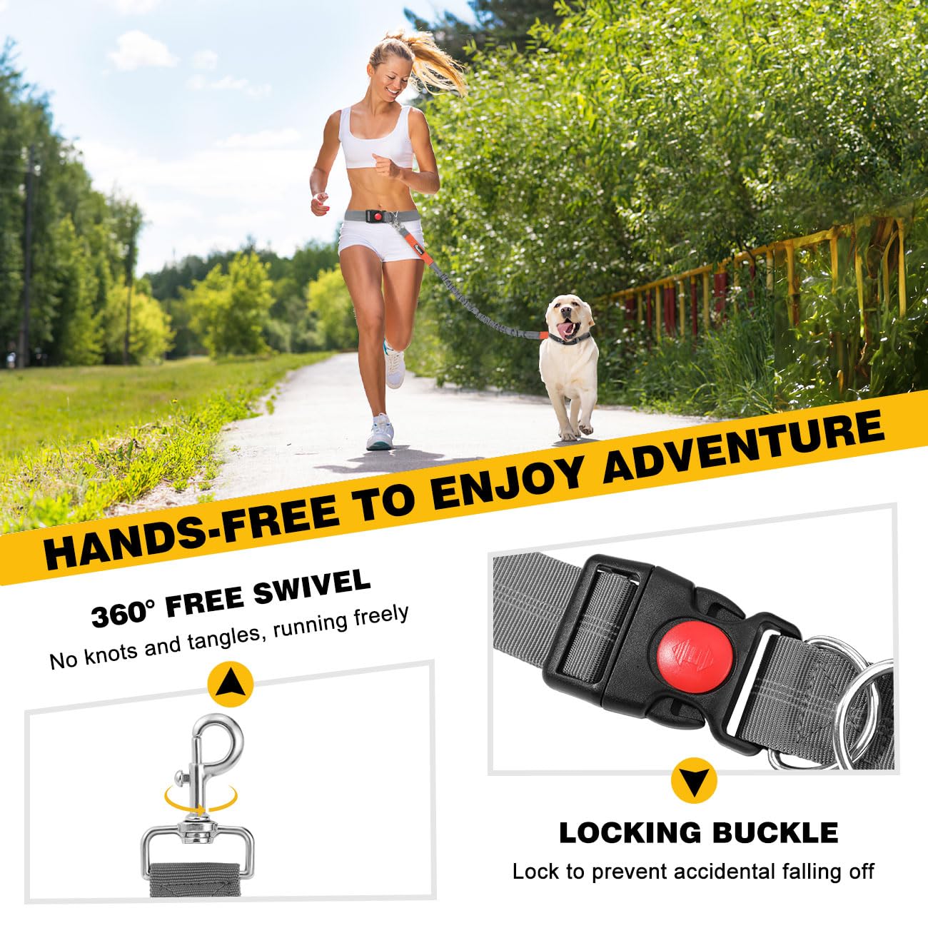 **Hands Free Dog Leash with Waist Belt – Adjustable Bungee Leash for Walking, Hiking & Running | Reflective Stitching & Double Handle | Perfect for Active Pet Owners (Grey)**    *(Use Case: Ideal for jogging, hiking, or daily walks with your dog while keeping your hands free for convenience and safety.)*