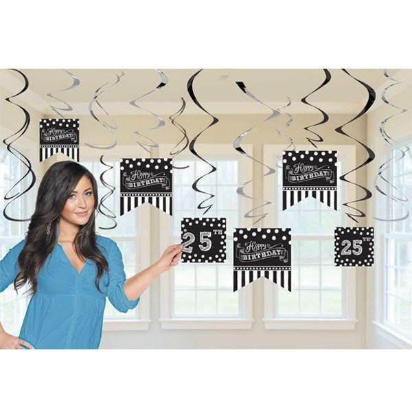 Happy Birthday Swirl Decorations - Black & White Party Supplies (6 Count) for Balloons, Cakes & Party Backdrops