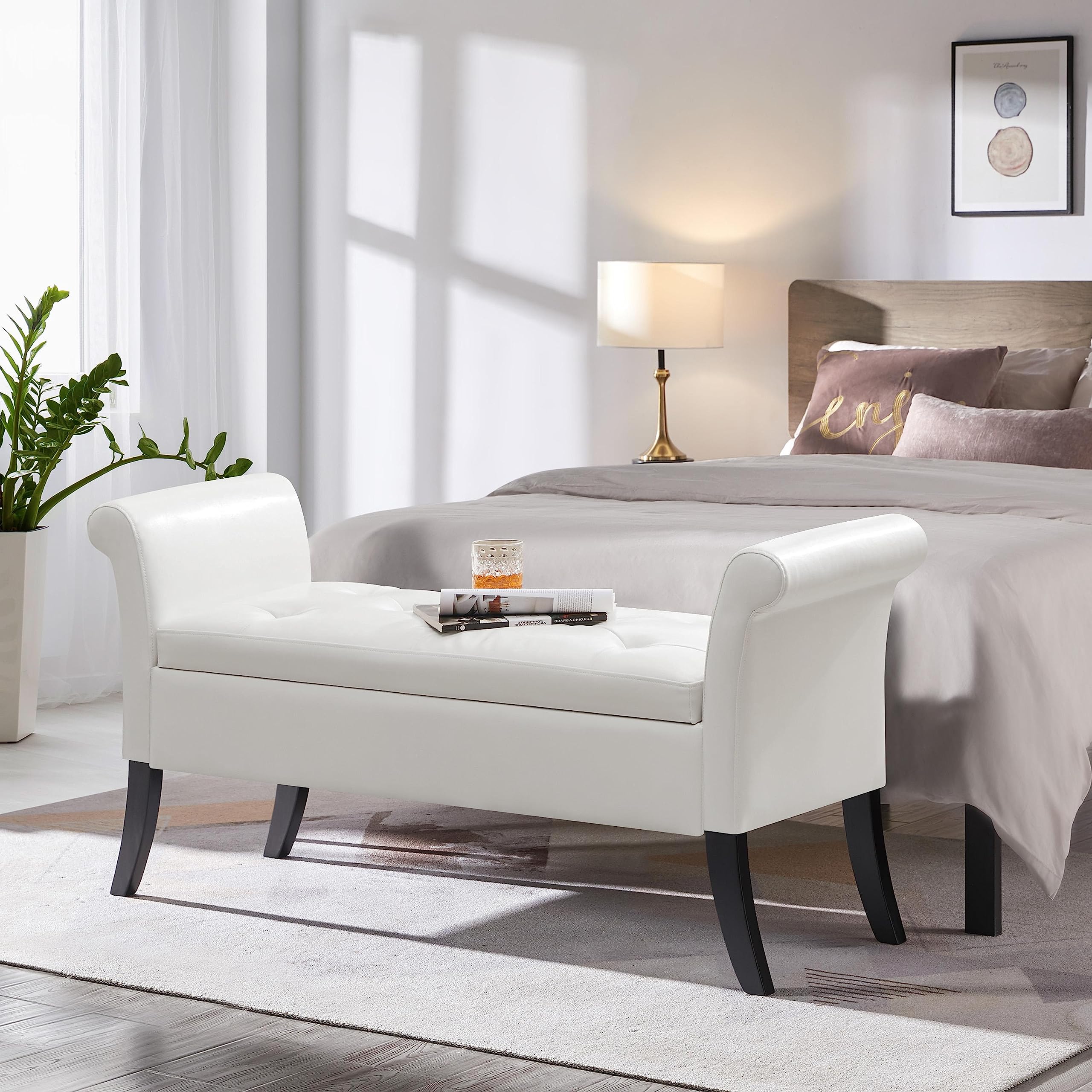 Topeakmart Modern Storage Bench with Rolled Arms - Entryway Shoe Organizer, Hallway Footrest Ottoman with Lid - Faux Leather Upholstered Bench Seat for Living Room, Bedroom, Entryway - White