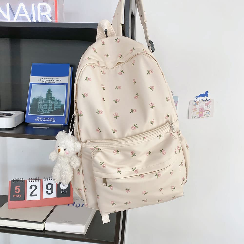 Cute Floral Print Aesthetic Backpack for Women - Large Capacity Kawaii Backpack with Plush Pendant - Stylish Travel Backpack for School, Work & Casual Outings