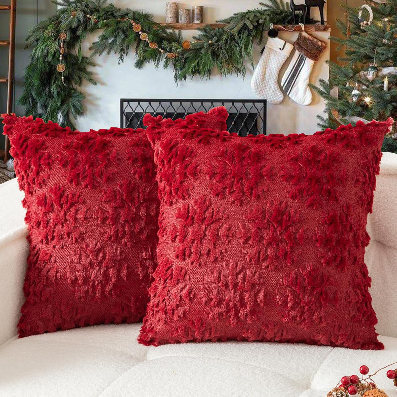 18x18 Inch Christmas Pillow Covers Set of 2 - Soft Faux Rabbit Fur with 3D Snowflake Embroidery - Holiday Decorative Throw Pillows for Sofa, Couch & Christmas Party Decor - Skin-Friendly with Invisible Zipper - Perfect for Living Room, Bedroom & Festive Home Decor