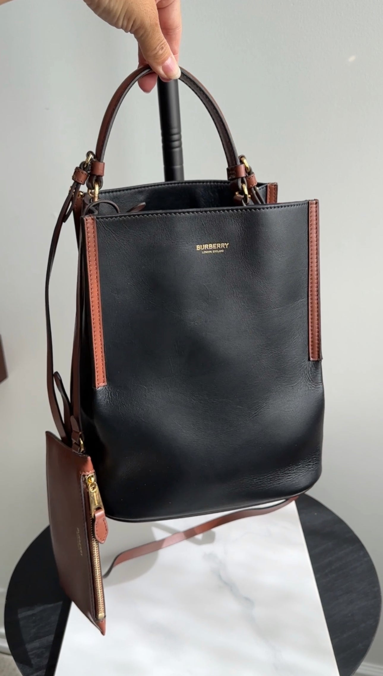 Burberry Black & Brown Leather Small Bucket Bag with Detachable Pouch - Stylish Crossbody Handbag for Women, Perfect for Work, Travel & Everyday Use