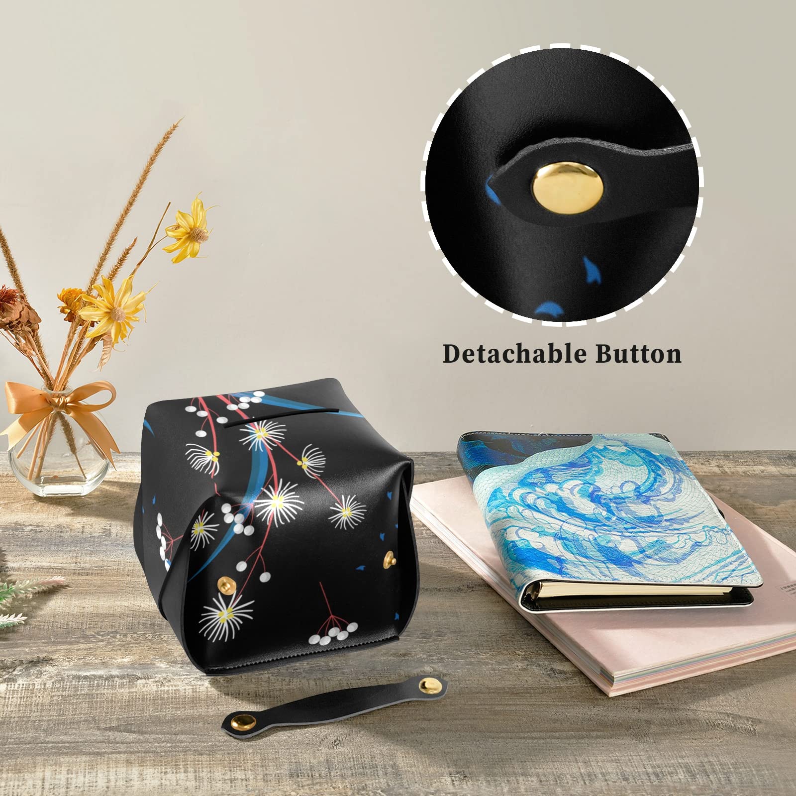 Premium Leather Tissue Box Cover with Handle - Square Dandelion Design Facial Tissue Dispenser for Nightstand, Bathroom Vanity, Office Desk & Bedroom Decor - Home & Office Organization Essential