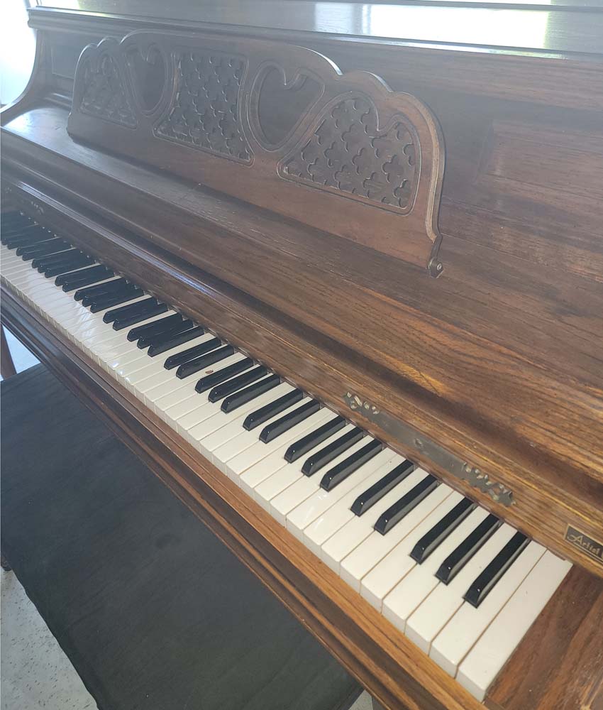 Vintage 1976 Kimball Artist Console Piano - Satin Oak Finish - Serial Number A15008 - Used - Perfect for Home, Studio & Music Classrooms