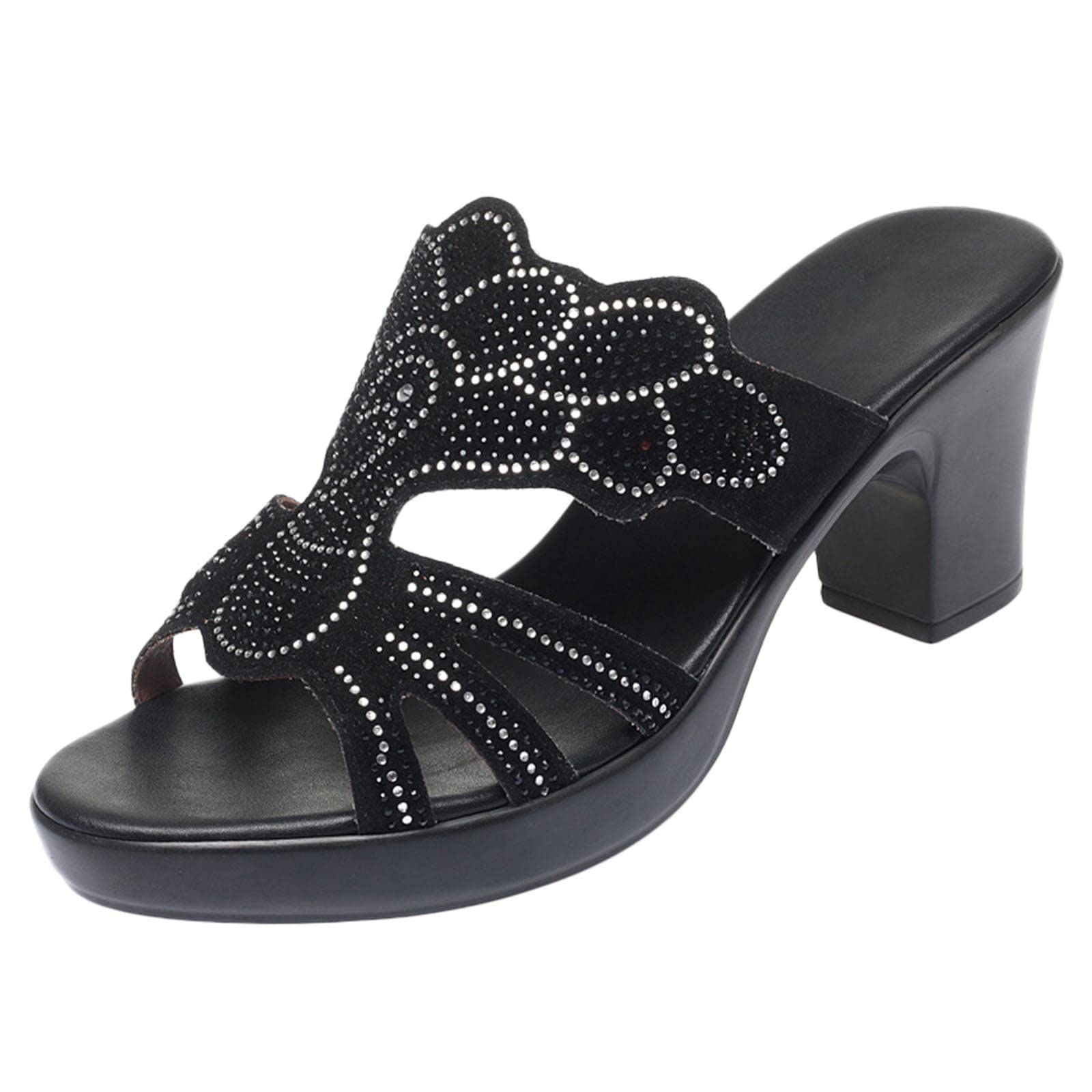 Women's Chunky High Heel Sandals - Slip On Rhinestone Peep Toe Block Heel Shoes in Purple | Comfortable Rubber Sole | Perfect for Summer, Beach, Parties & Casual Outings