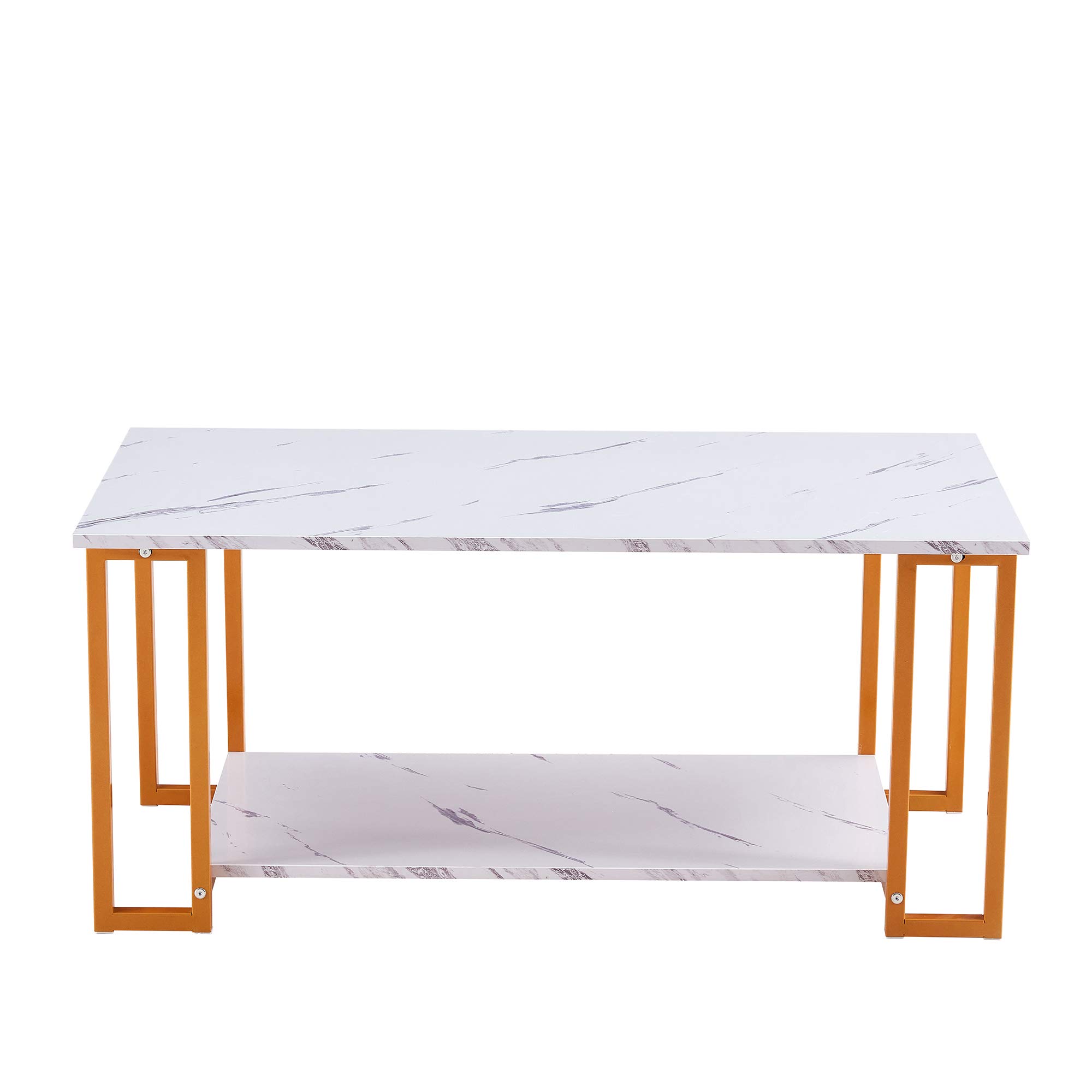 2-Tier Marble MDF Coffee Table with Black Metal Legs & White Top - Modern Rectangle Side Table for Living Room, Dining Area, Coffee Shop & Restaurant Decor (Gold Accent) | Perfect for Small Spaces, Lounge Areas & Contemporary Home Styling