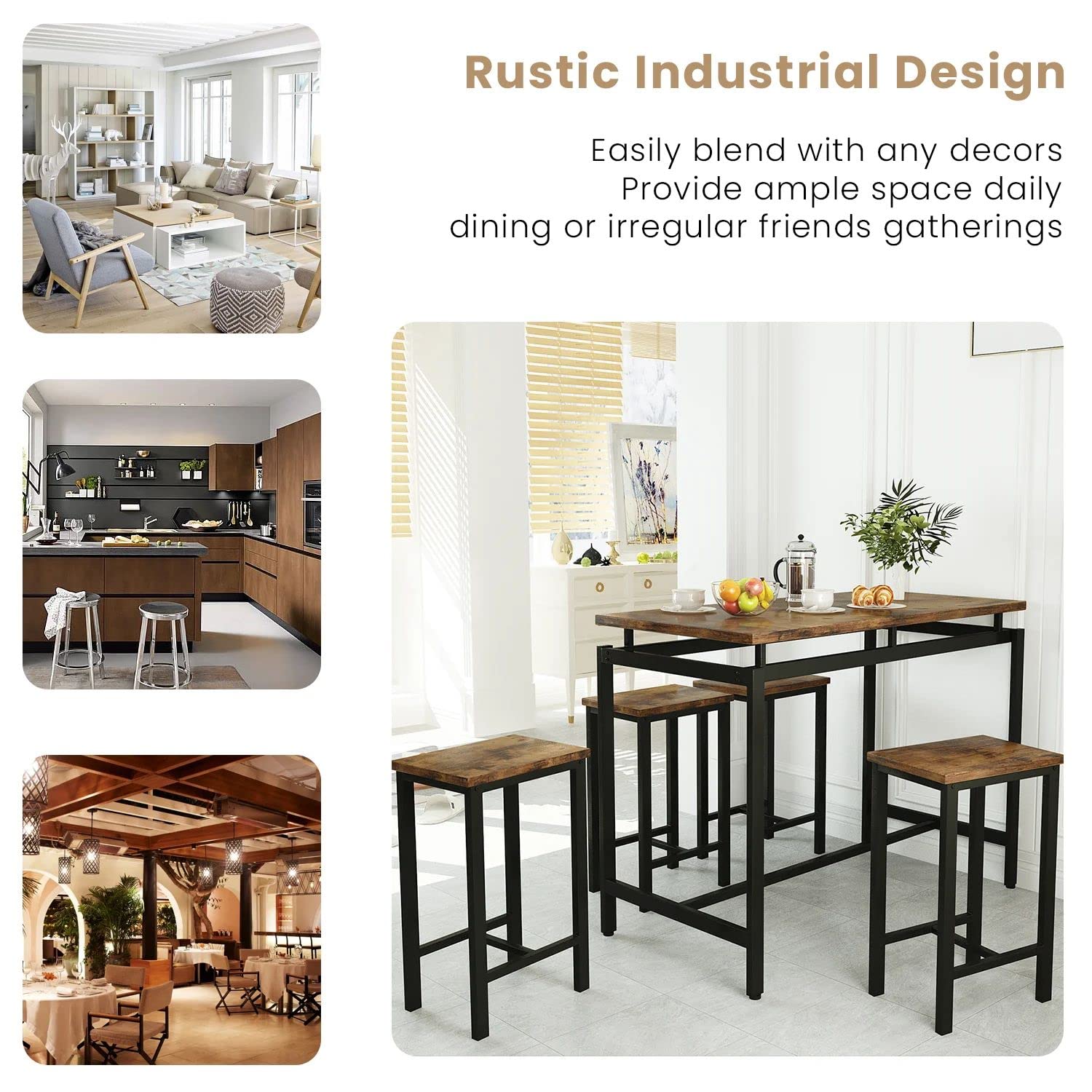 Modern 5-Piece Industrial Bar Height Dining Table Set for 4 - Kitchen & Pub Table with 4 Chairs - Perfect for Small Spaces, Breakfast Nooks & Compact Apartments - Durable Metal Frame & Wooden Tabletop for Casual Dining & Entertaining