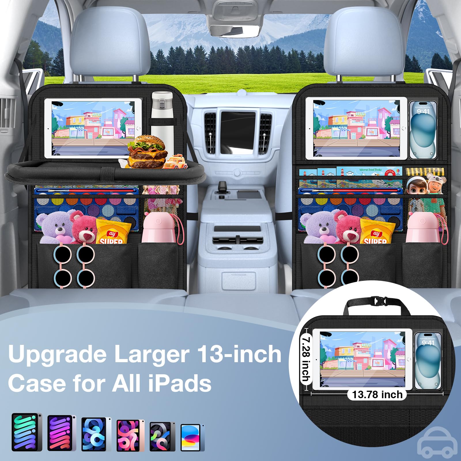 Car Backseat Organizer with Table Tray - 9 Storage Pockets & Tablet Holder for Kids Road Trips, Travel Essentials - Perfect for Family Vacations & Long Drives (1 Pack)