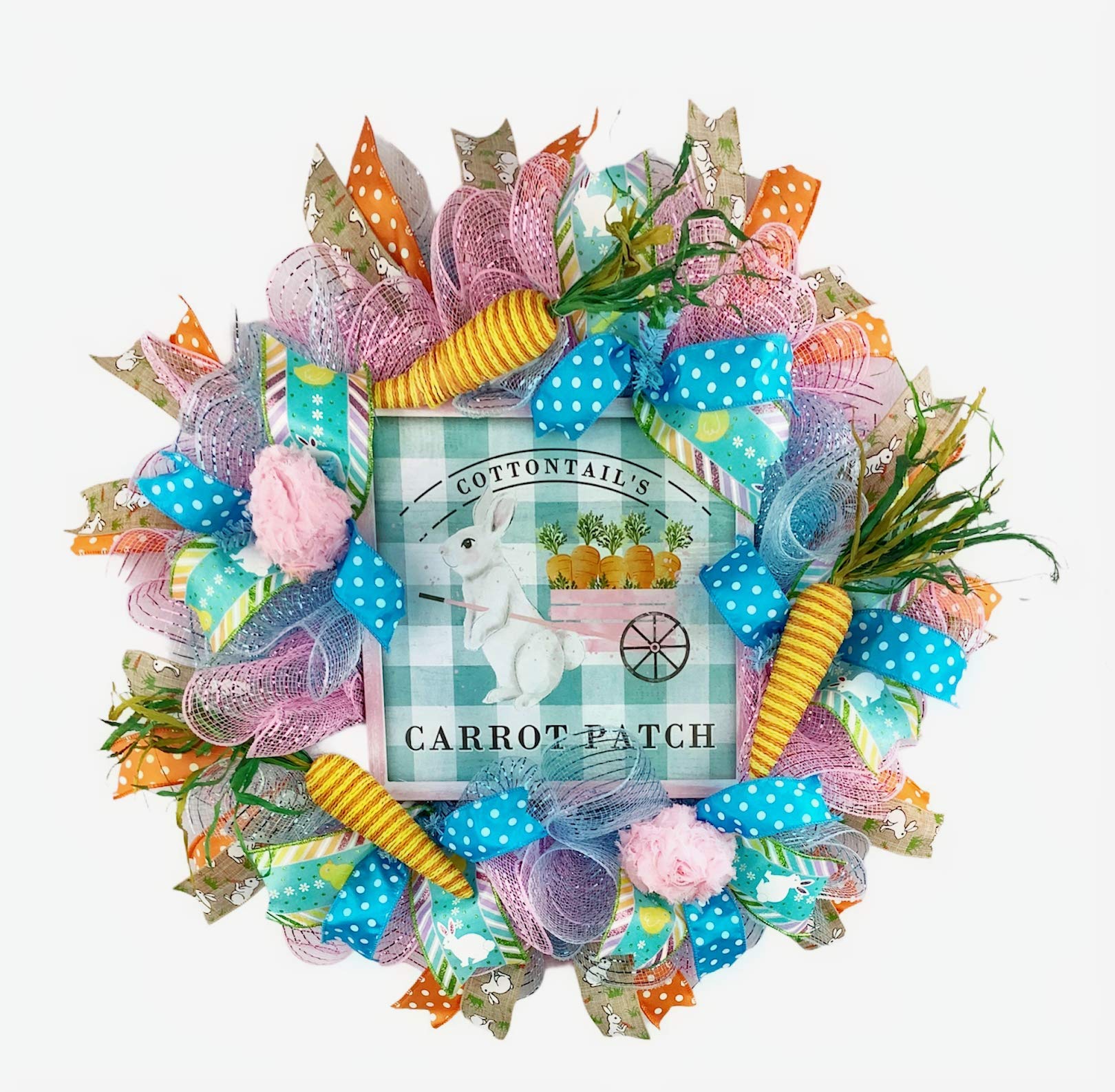 Handmade Peter Rabbit Carrot Patch Easter Wreath with Floral Rose Eggs - Spring Home Decor for Door & Wall - Perfect for Easter Celebrations & Spring Parties by Paradise Wreath Boutique