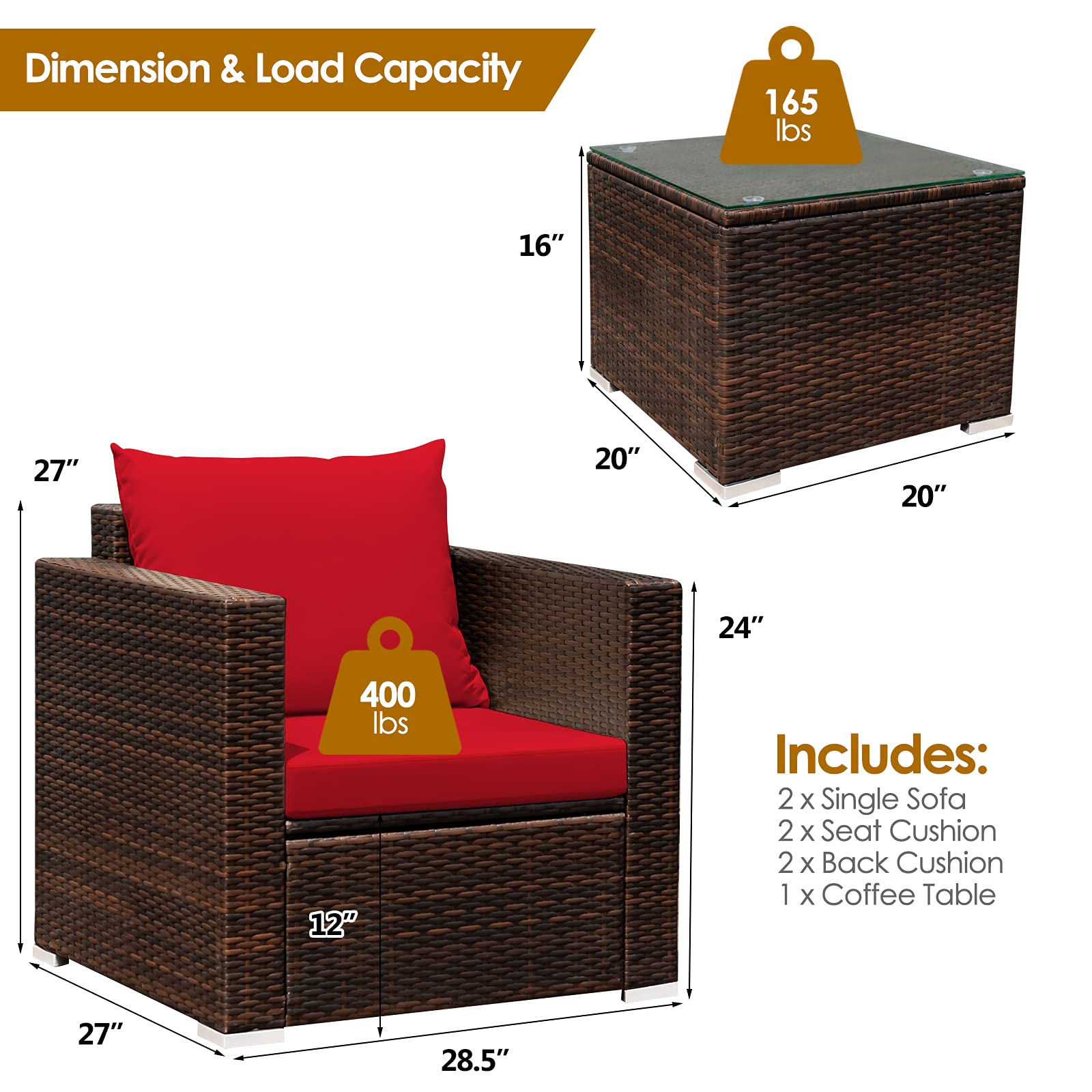 HAPPYGRILL 3-Piece PE Rattan Patio Furniture Set with Cushions & Coffee Table - Outdoor Wicker Sofa Conversation Set for Garden, Poolside, Balcony, Backyard & Deck Relaxation