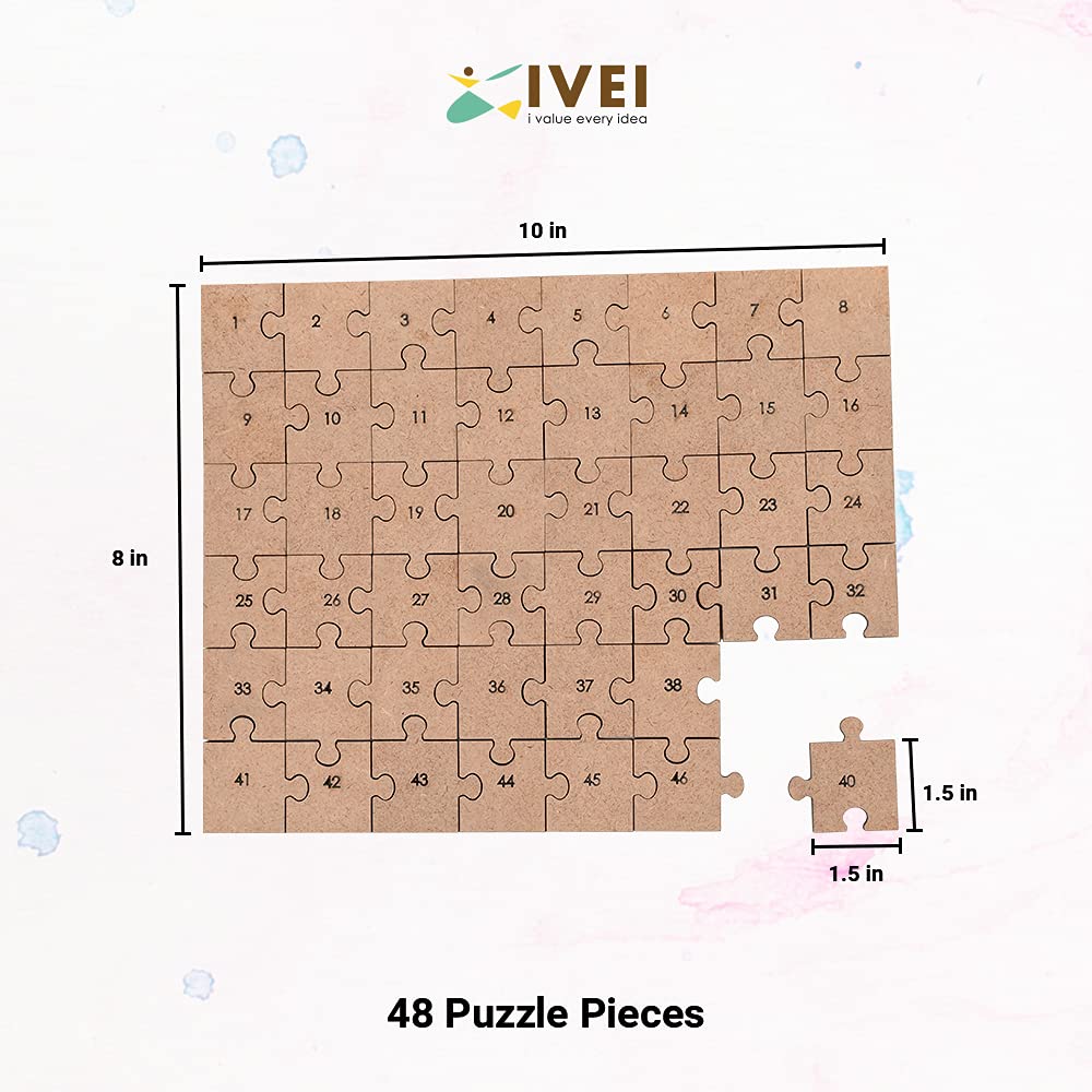 IVEI DIY Wooden Puzzle Pieces - 48 Pack MDF Cutouts for Painting, Decoupage, Resin Art, Scrapbooking, Home Decor, Kids Crafts & School Projects