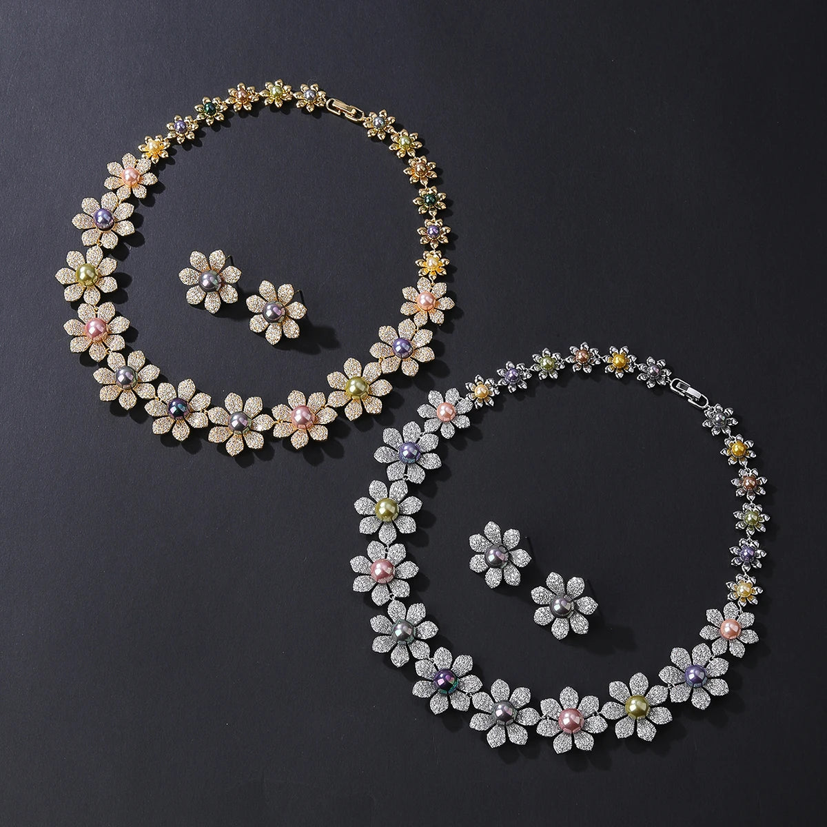 Luxury Cubic Zirconia Pearl Flower Necklace & Earrings Set - Bridal Wedding Jewelry for Women - Perfect for Weddings, Anniversaries & Special Occasions