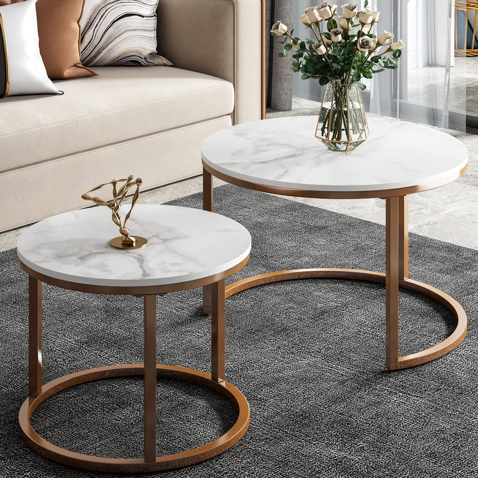 Modern Nesting Coffee Table Set - Faux Marble & Gold Metal Frame Side End Tables for Living Room, Bedroom, Office - Perfect for Small Spaces & Home Decor
