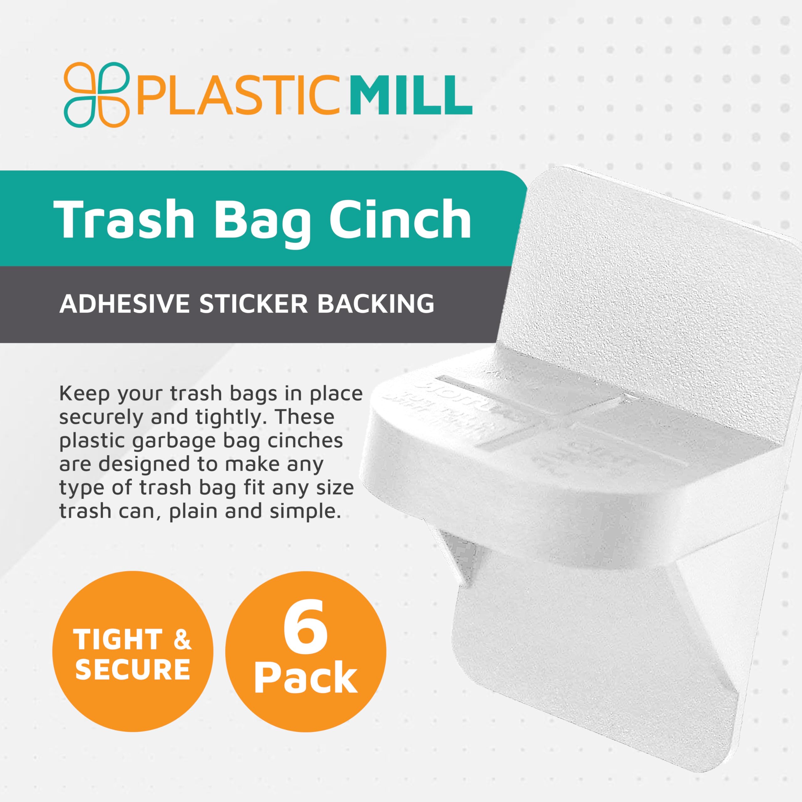 PlasticMill Trash Bags Cinch - White 6 Pack | Secure Garbage Bags in Place | Compatible with Most Trash Cans (Not for Some Drawer/Compactor Models) | Ideal for Kitchen, Bathroom & Office Waste Disposal