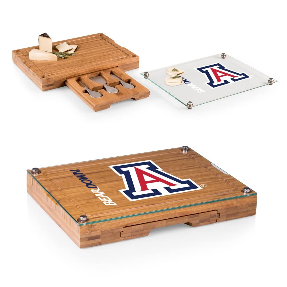PICNIC TIME NCAA Concerto Glass Top Cheese Board and Knife Set - Bamboo Charcuterie Board with Glass Top Cutting Board for Cheese, Charcuterie, and Appetizers - Perfect for Parties, Picnics, and Entertaining