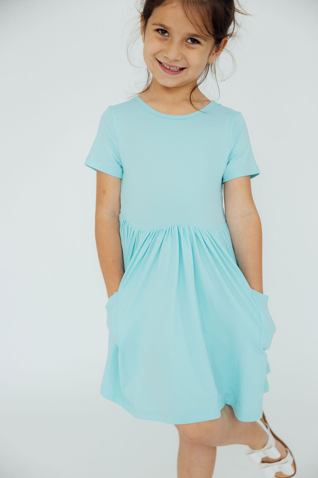 Aqua Short Sleeve Pocket Twirl Dress for Women - Flowy Summer Dress with Pockets for Casual Outings, Beach Vacations, and Date Nights