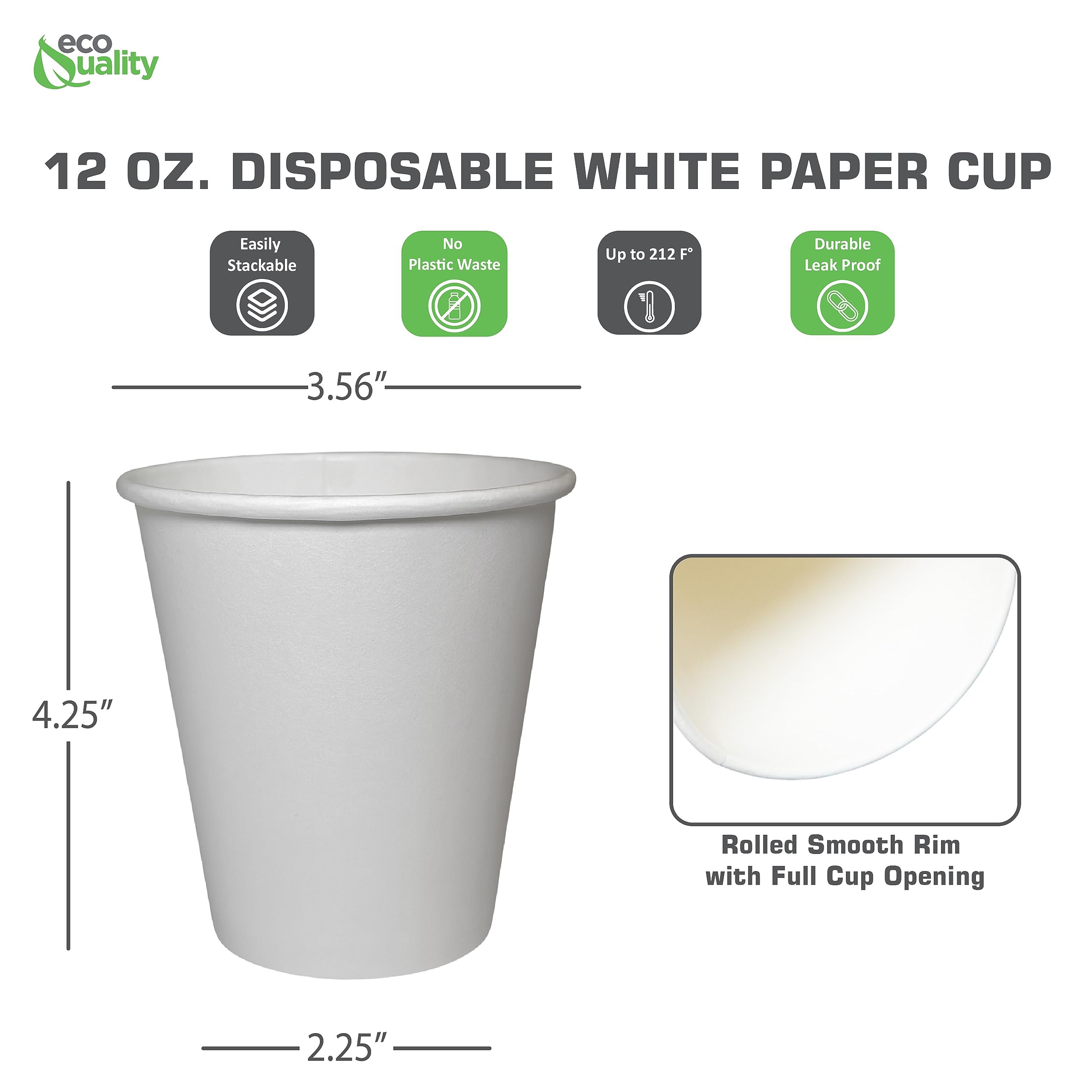 EcoQuality 12 oz White Disposable Hot Drink Paper Cups - Recyclable & Compostable Coffee Cups for Office, Breakroom, Restaurant, Cafe, Tea Shop - Perfect for Latte, Chai, Hot Chocolate (1000 Pack) - Ideal for Daily Coffee Breaks, Catering Events & Takeout Beverages
