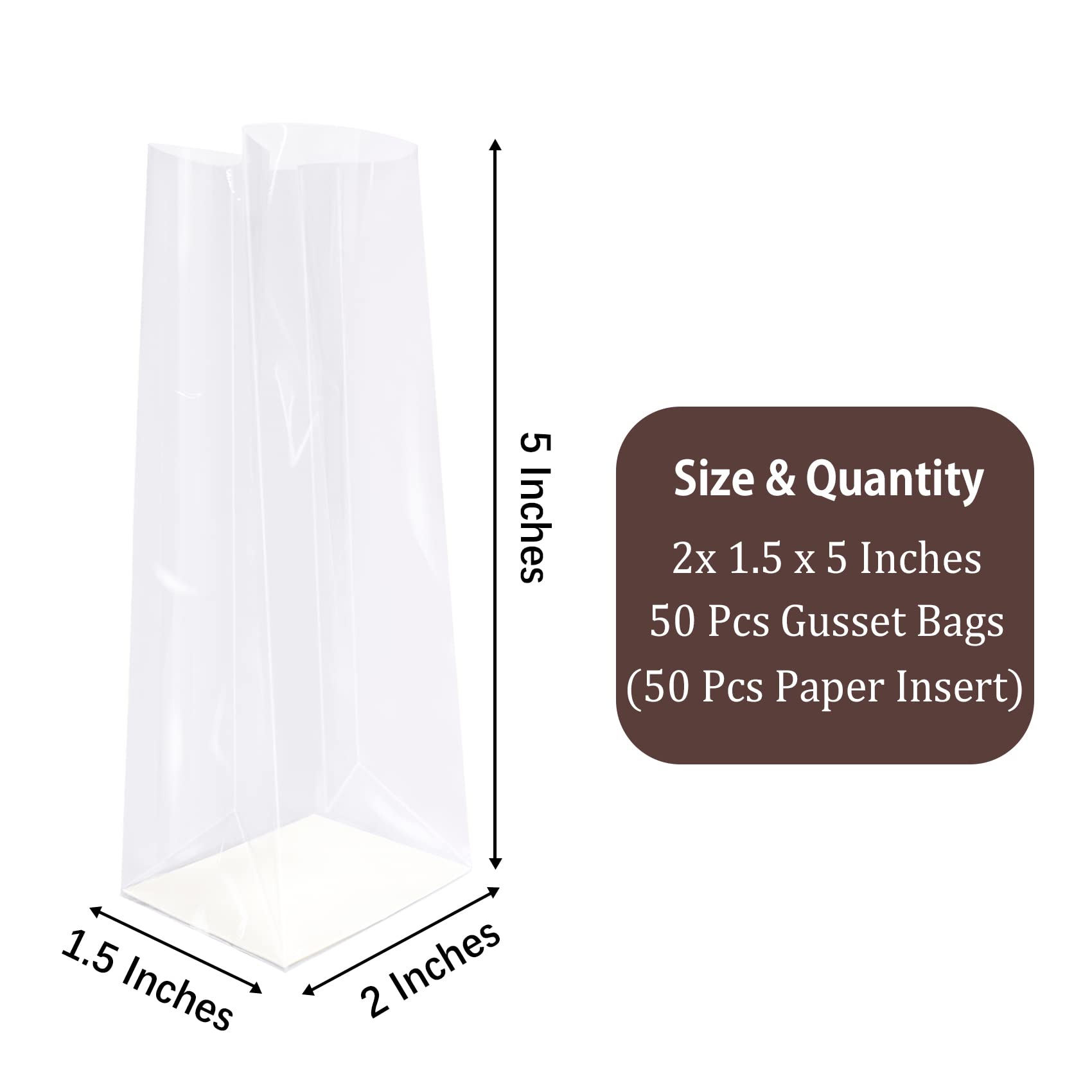 Morepack Gusseted Cellophane Bags 2x1.5x5 Inches - 50Pcs Flat Bottom Cookie Bags with Paper Insert for Biscotti, Cookies & Pastries - Perfect for Bakery, Gift Packaging & Party Favors