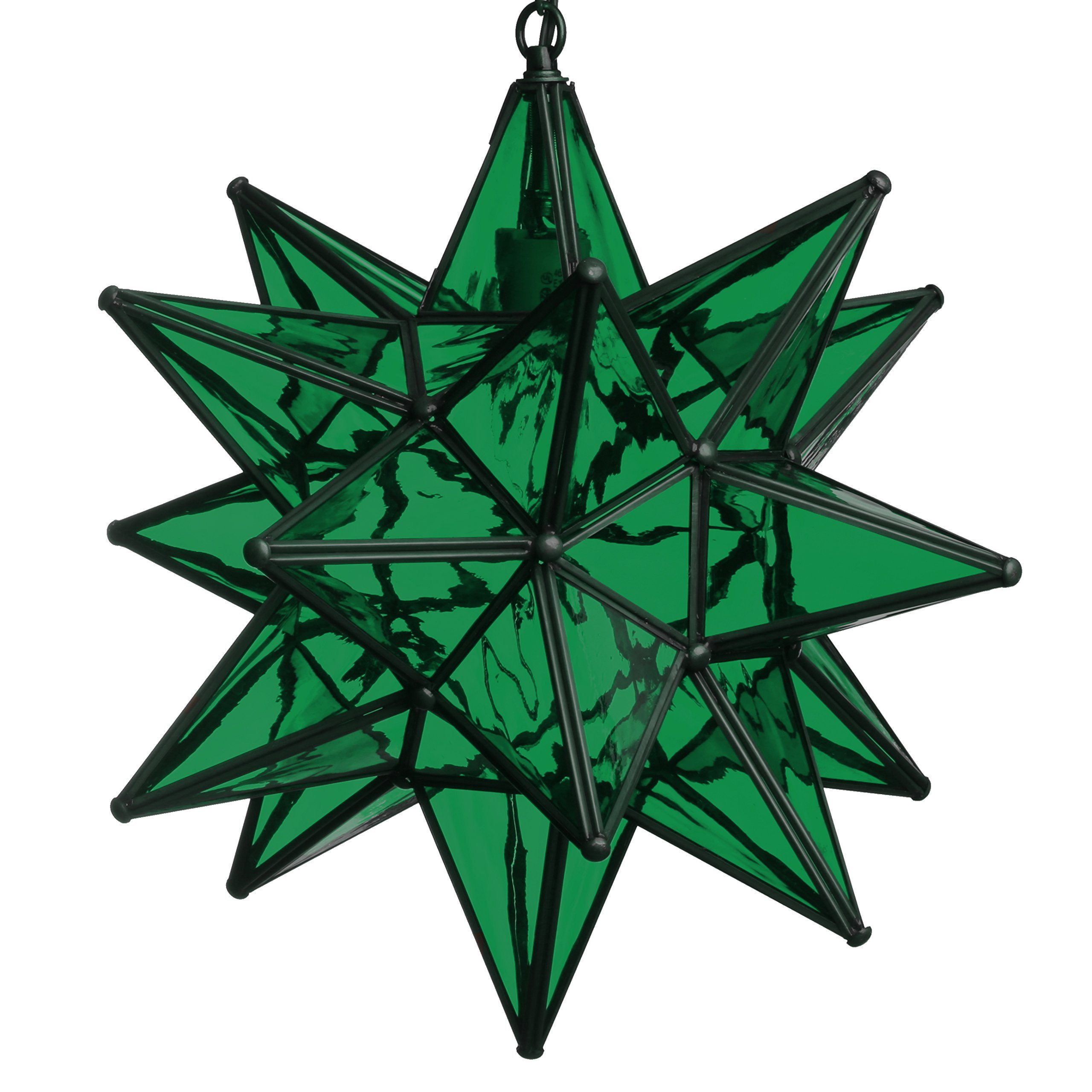 15 Inch Green Glass Moravian Star Pendant Light - Vintage Bohemian Style Ceiling Fixture for Dining Room, Bedroom, or Living Room Decor