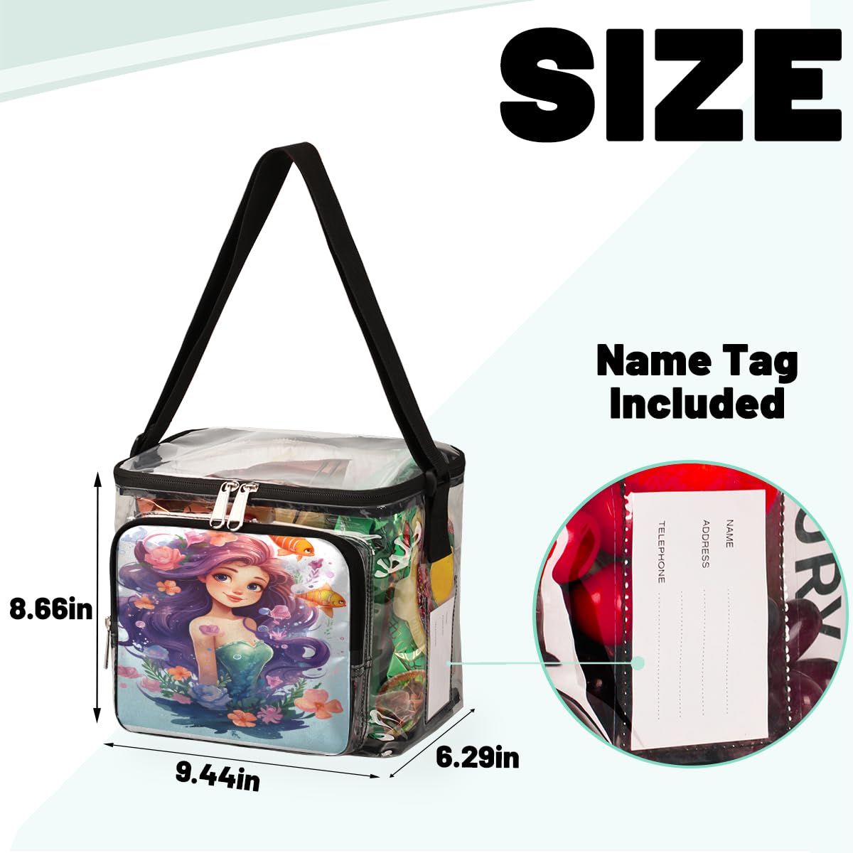 GzLeyigou Mermaid Print Clear Tote Bag with Handles - Transparent Crossbody Shoulder Bag for Women, Gold Fish Design Lunch Bag - Perfect for Beach, Travel, Picnic, Concerts, Sports Events & Stadium Approved (Multi-Color)
