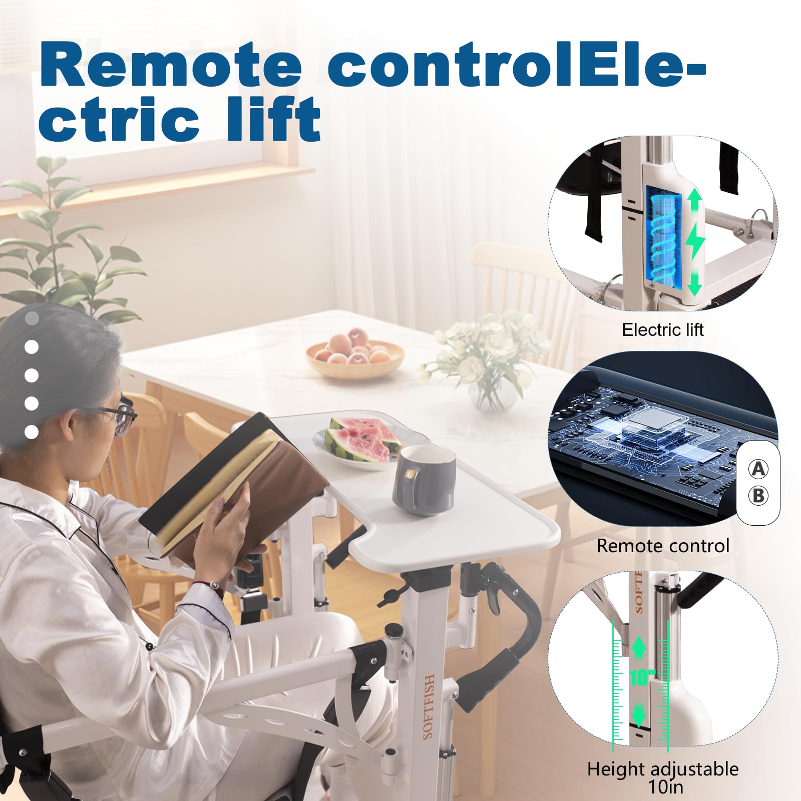 Electric Patient Lift Transfer Chair with Dining Board - Height Adjustable Bathroom Wheelchair for Home Use - Foldable Design Supports 220lbs - Ideal for Elderly Care & Mobility Assistance