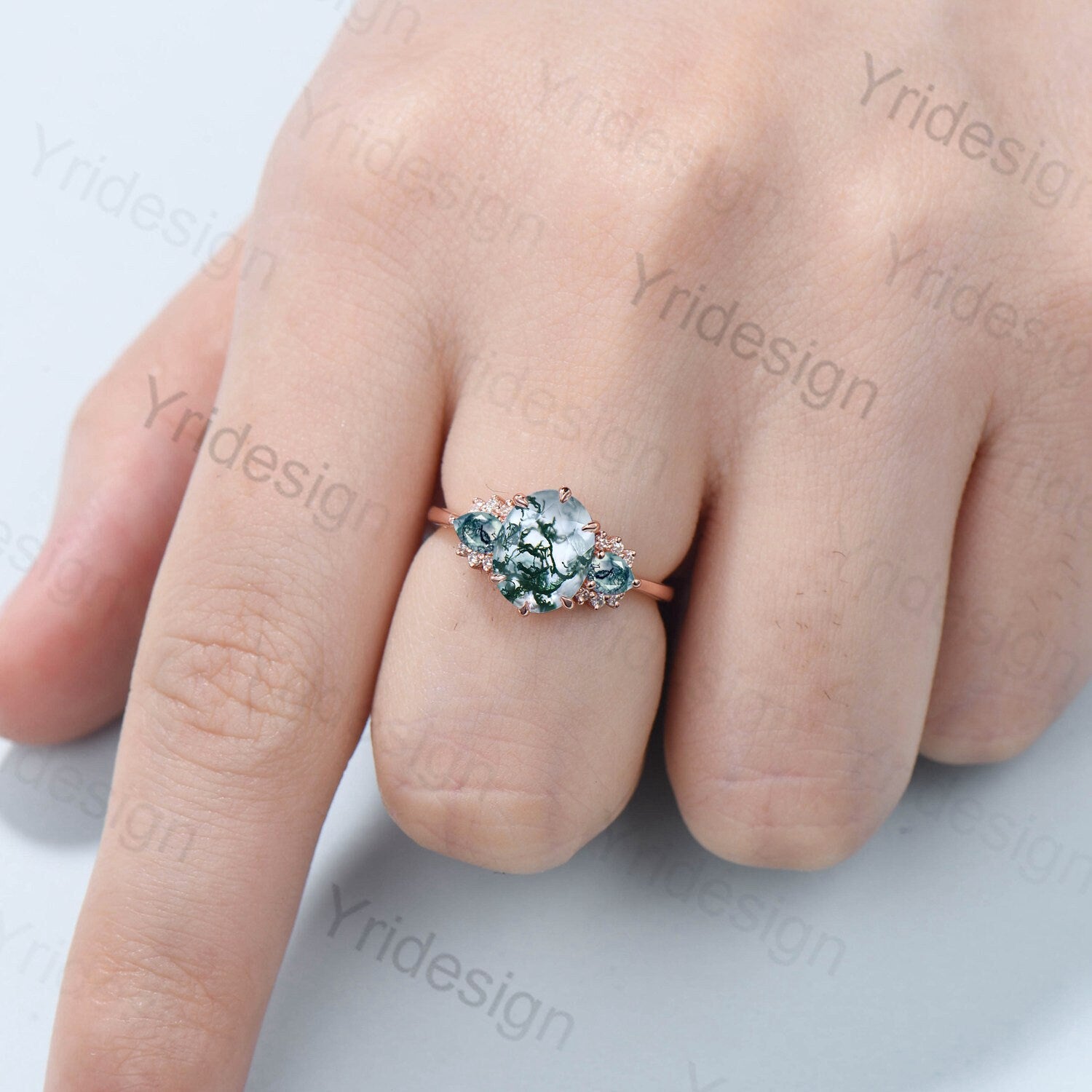 8x10mm Big Moss Agate Engagement Ring - Vintage 6 Prong Art Deco Moissanite Wedding Band with Pear Green Agate Cluster | Aquatic Stone Jewelry for Beach Weddings & Boho Fashion