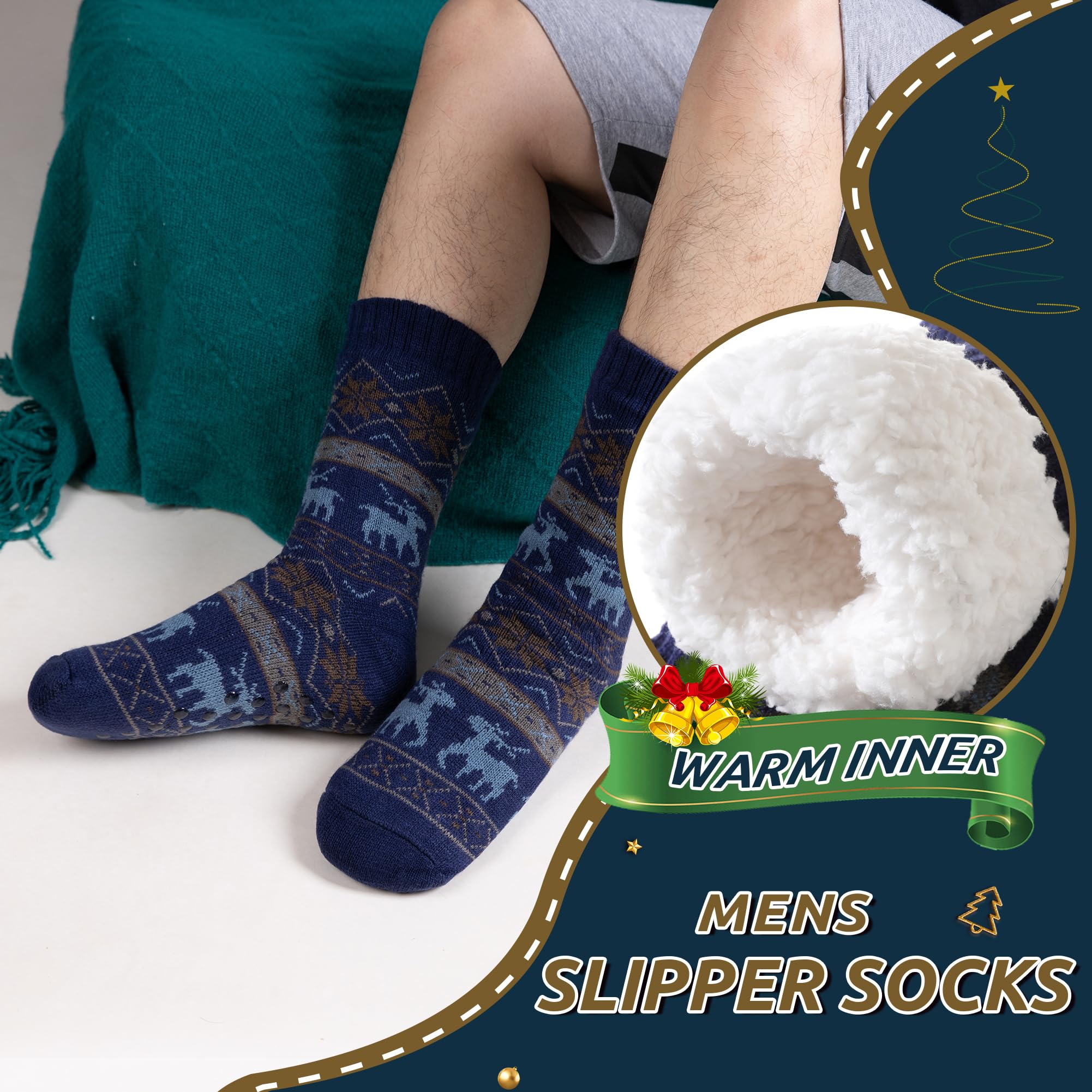 Men's Fleece Lined Thick Winter Slipper Socks - Cozy Non-Slip Fuzzy Home & Sleeping Socks for Cold Weather - Perfect for Indoor Lounging, Bedtime & Winter Comfort