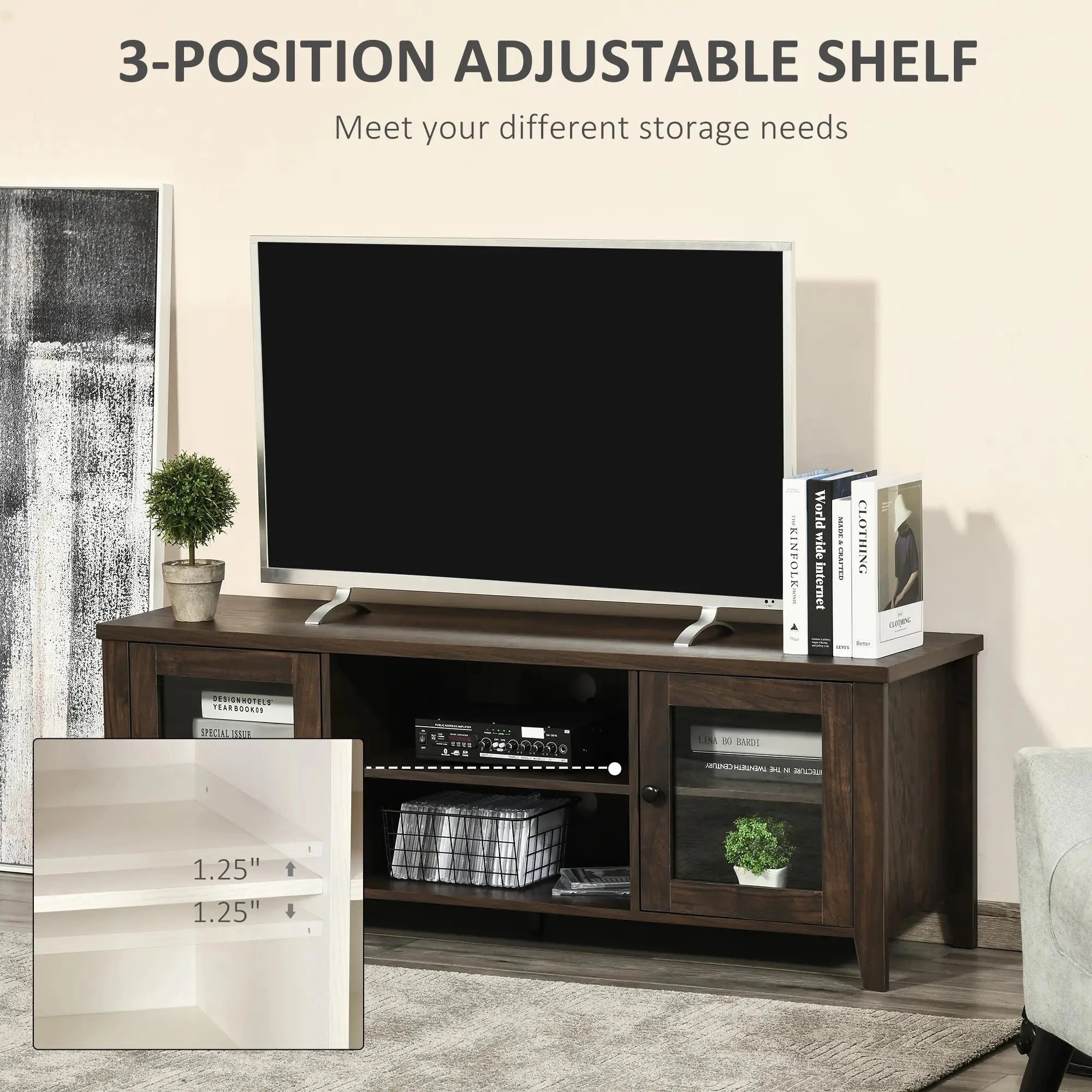 Modern TV Stand for Up to 60 Inch TVs - Sturdy Wooden Entertainment Center with Storage Shelf (Black/White/Walnut) - Perfect for Living Room, Bedroom & Home Theater Setup