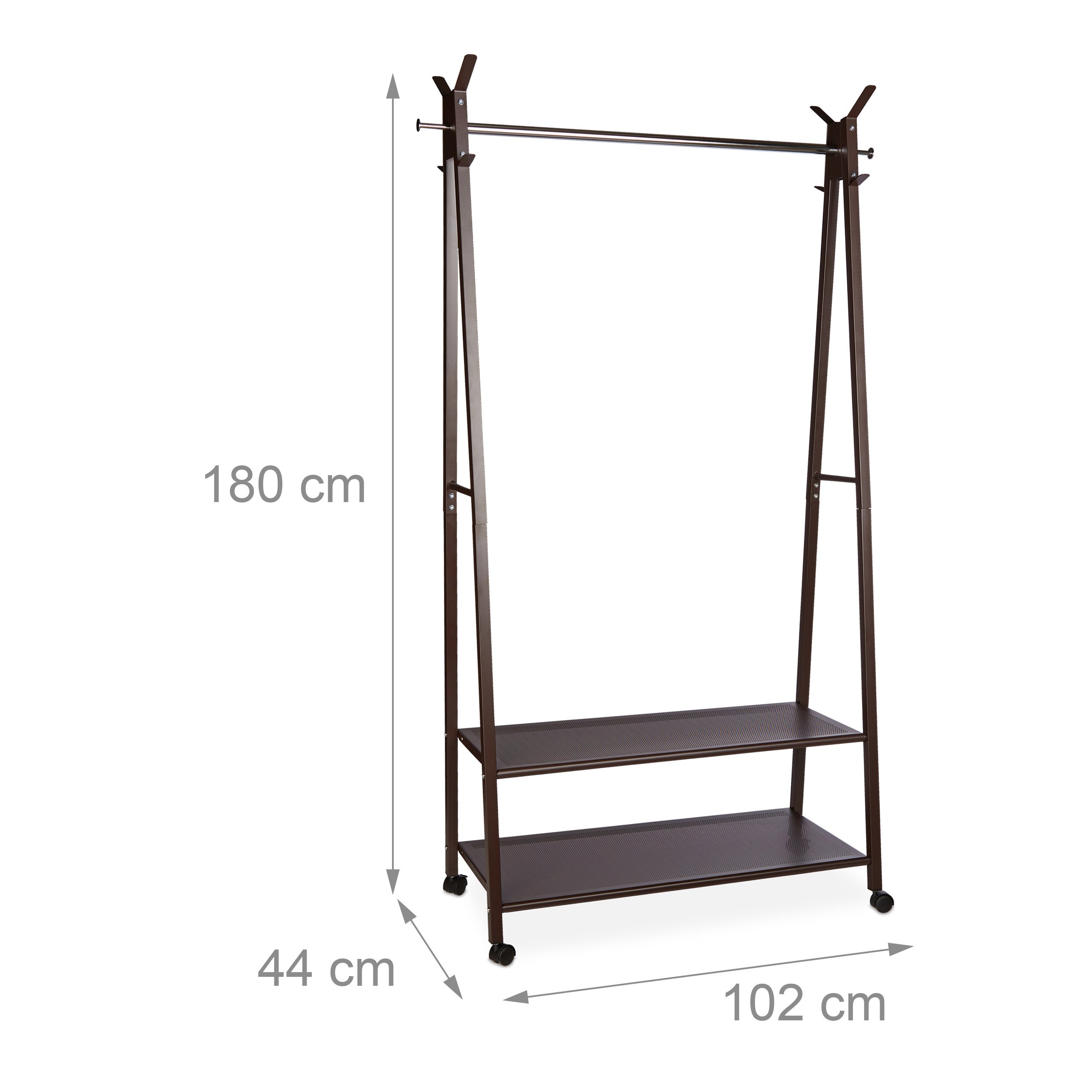 Heavy-Duty Rolling Clothes Rack with 2 Shelves & 16 Shoe Storage - 180 x 102 x 44 cm Mobile Garment Rack for Bedroom, Closet Organization & Laundry Room - Space-Saving Brown Wardrobe on Wheels