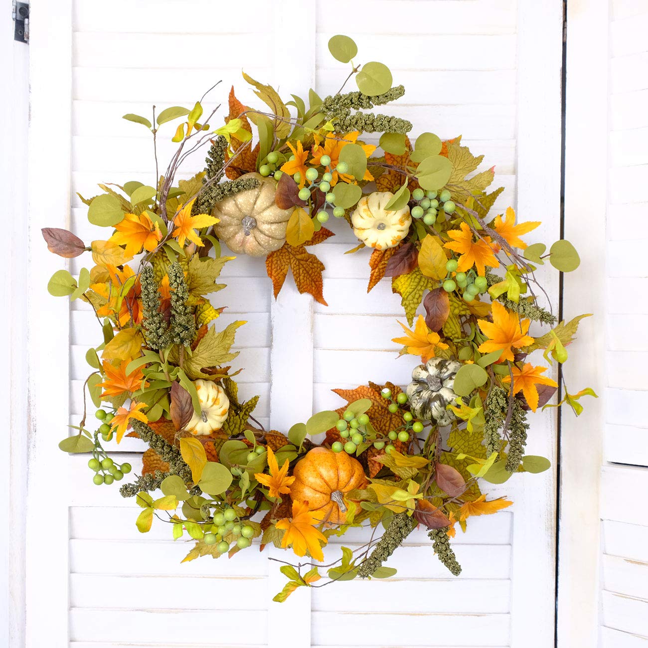 20 Inch Autumn Wreath with Pumpkins, Maple Leaves & Green Berries - Fall Harvest Thanksgiving Door Hanging Wall Decor for Home, Front Porch & Seasonal Celebration