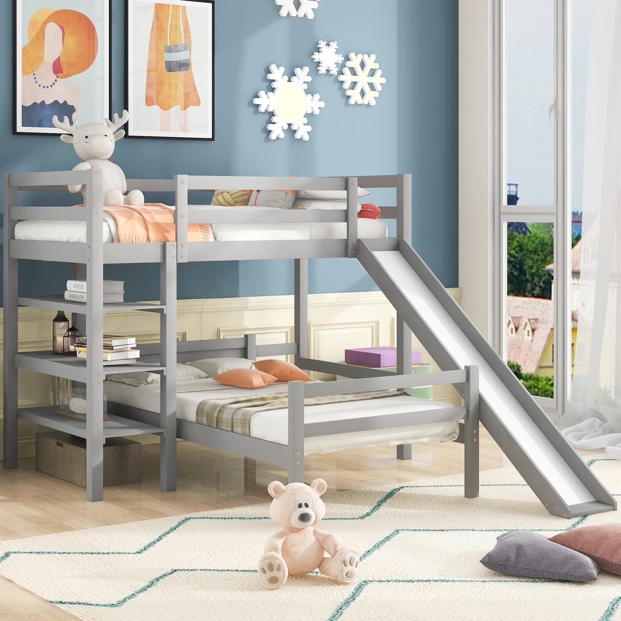 **Wooden Bunk Bed with Slide & Shelves - Twin Size Loft Bed for Kids & Teens - Sturdy Platform Bed Frame with Guardrail - Space-Saving Bedroom Furniture (Gray, Twin/Twin) - Perfect for Small Rooms, Shared Kids' Bedrooms & Sleepovers**